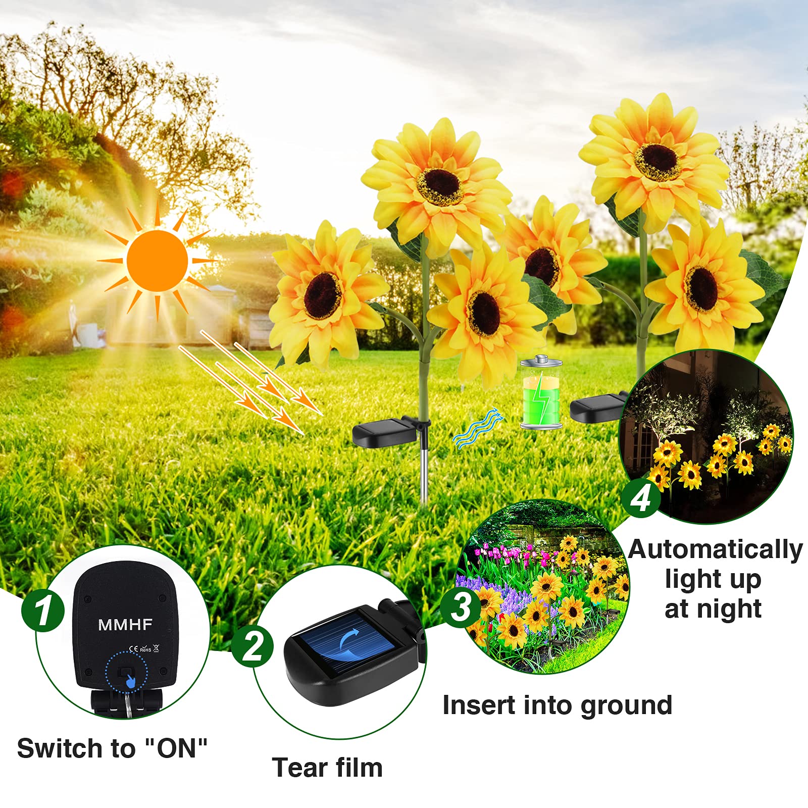 MMHF Solar Garden Lights, Waterproof LED Decorative Lights, 2 Pack 6 Flower, Yellow, Upgraded Solar Powered