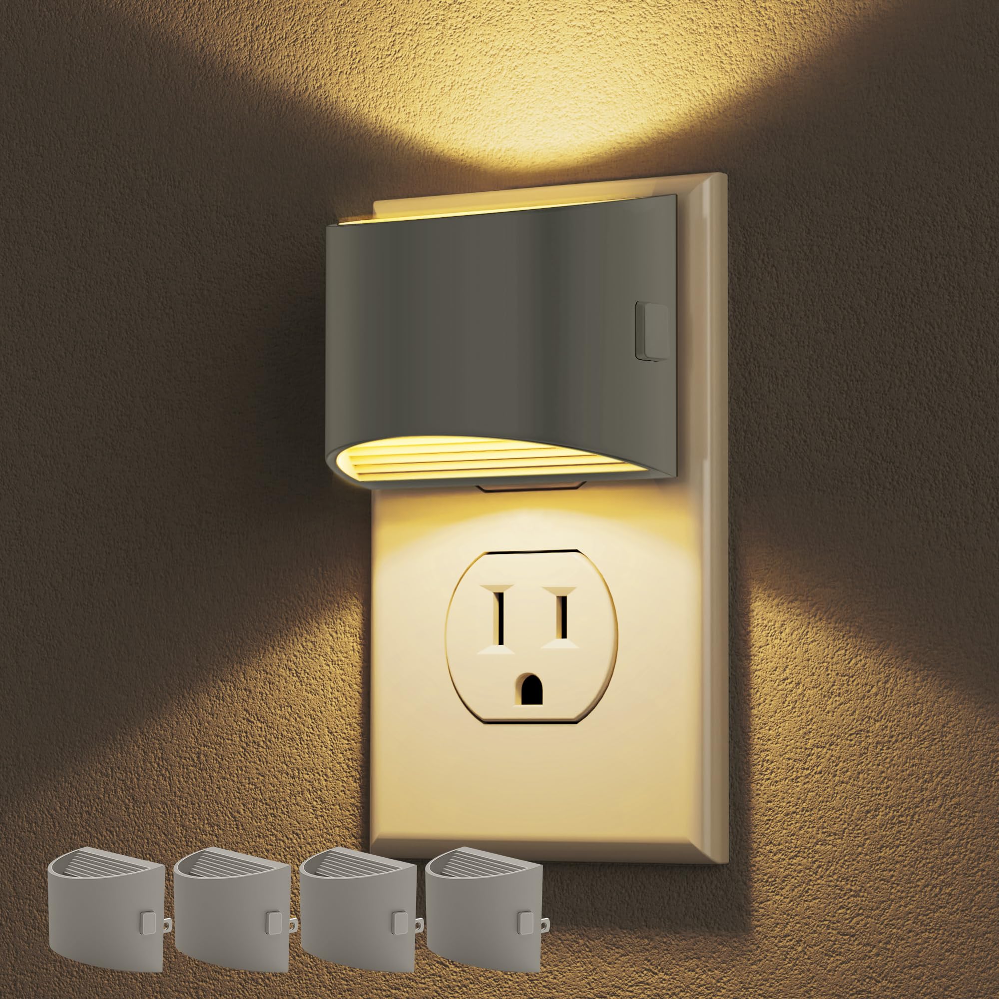 DORESshop LED Night Light[4 Pack]  Night Lights Plug into Wall  3 Level Brightness Adjustable Plug in Night Light  Dusk to Dawn Sensor Nightlights for For Mature Userss  Bedroom  Hallway  3000K  Gray Cover