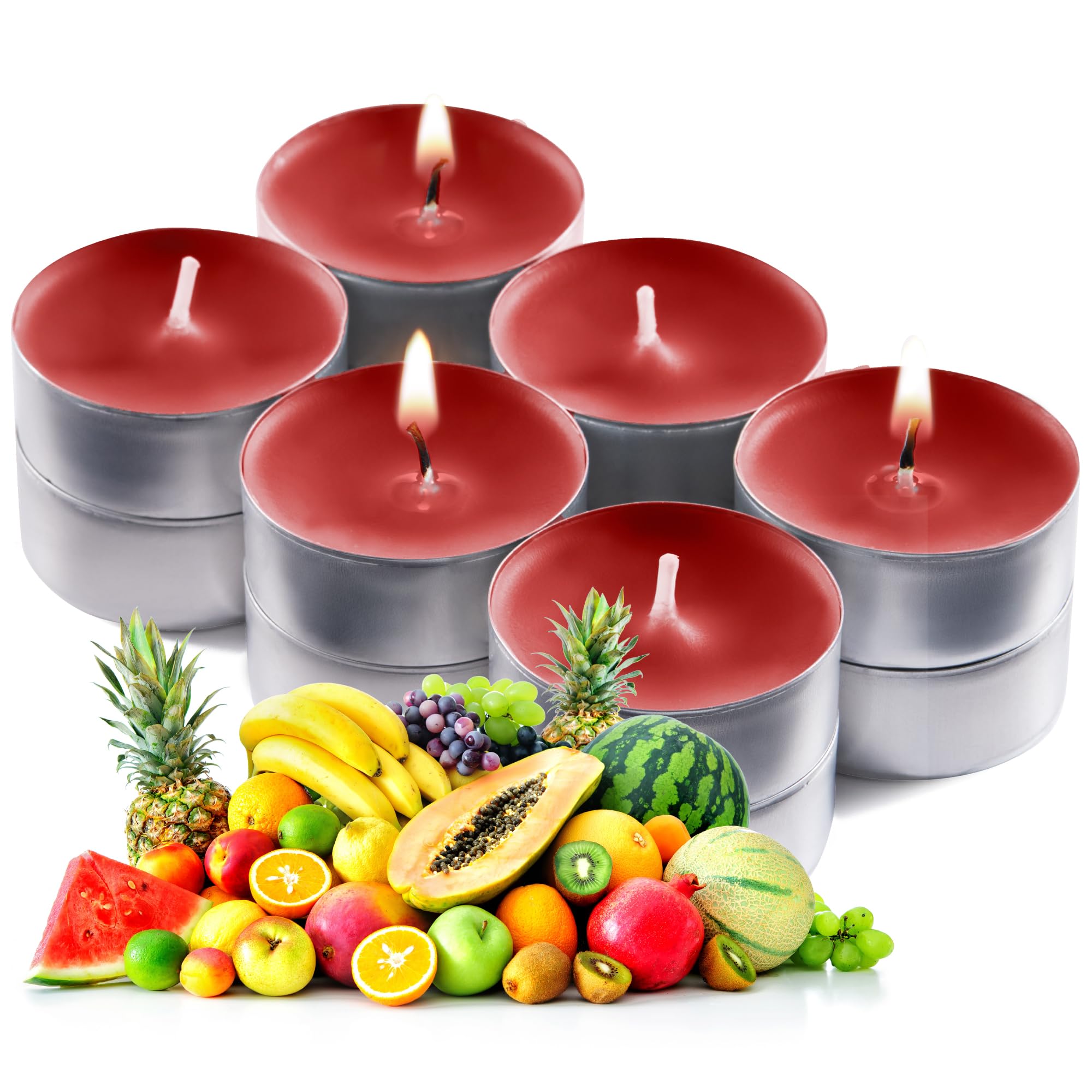 Red Scented Tealight Candles - Pack of 12 Red Tea Lights Candles with Long Lasting Aromas - Tropical Delight Fragranced Red Tealight Candles - 4 Hour Burn Time