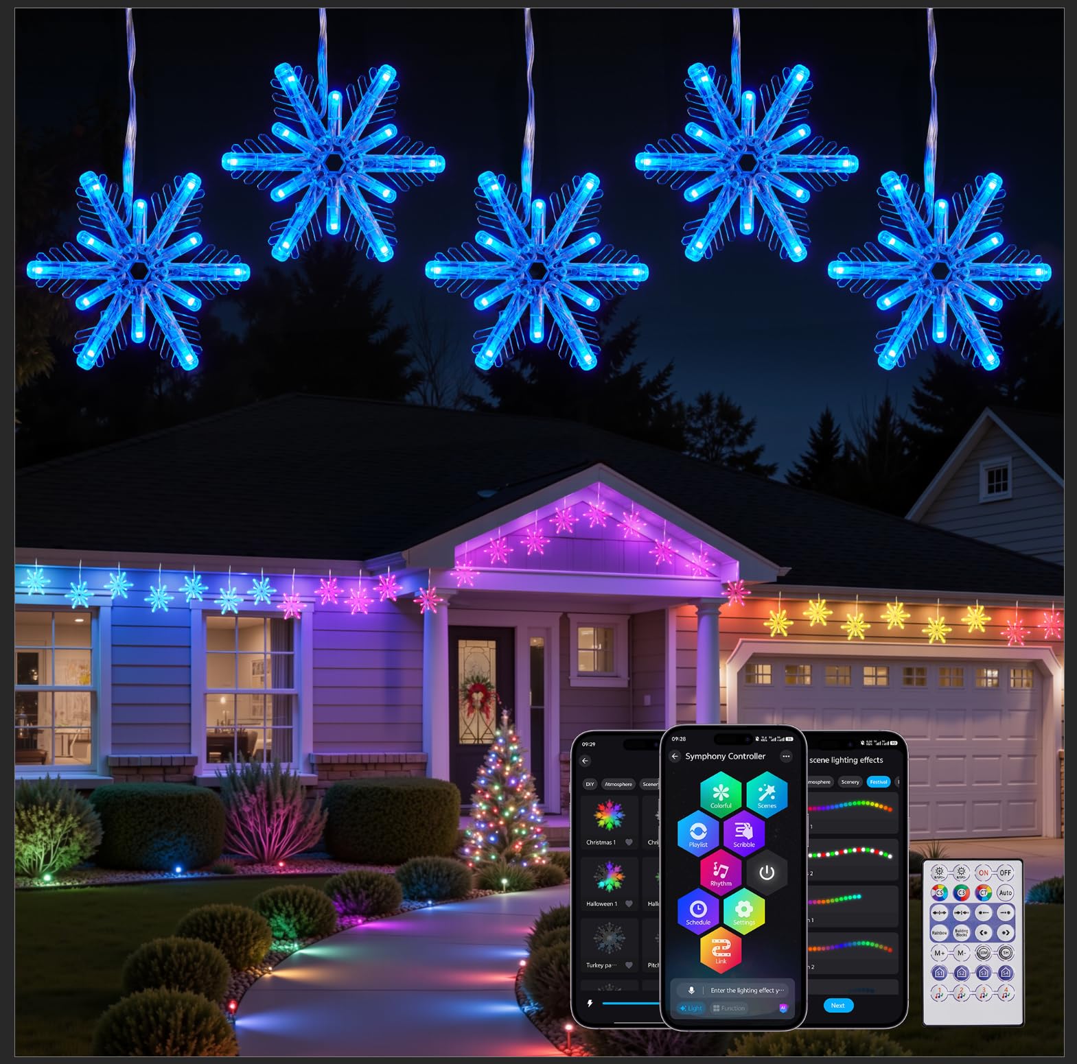 Brightown Smart Christmas Snowflake Lights, 12ft 96LED, 8 Drops, APP Control, Waterproof, White, Model BMSL83