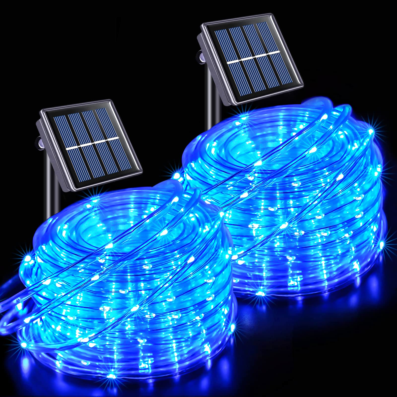 JMEXSUSS 100 LED Solar Rope Lights, Waterproof PVC Tube, 33ft, 8 Modes, Blue for Outdoor Xmas Decorations