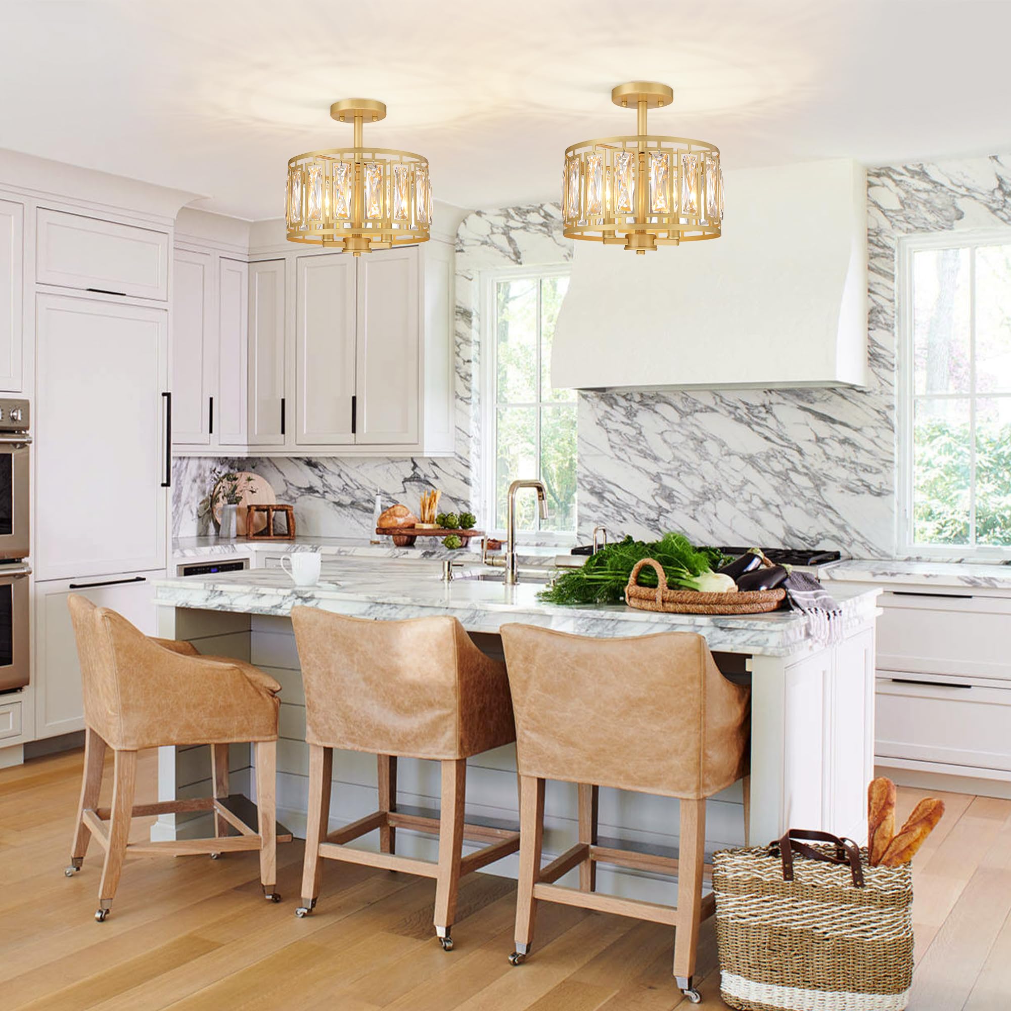 Crystal Ceiling Light Fixture, Modern Semi Flush Mount Ceiling Light, Gold Lighting Chandelier For Kitchen, Bedroom, Dining Room