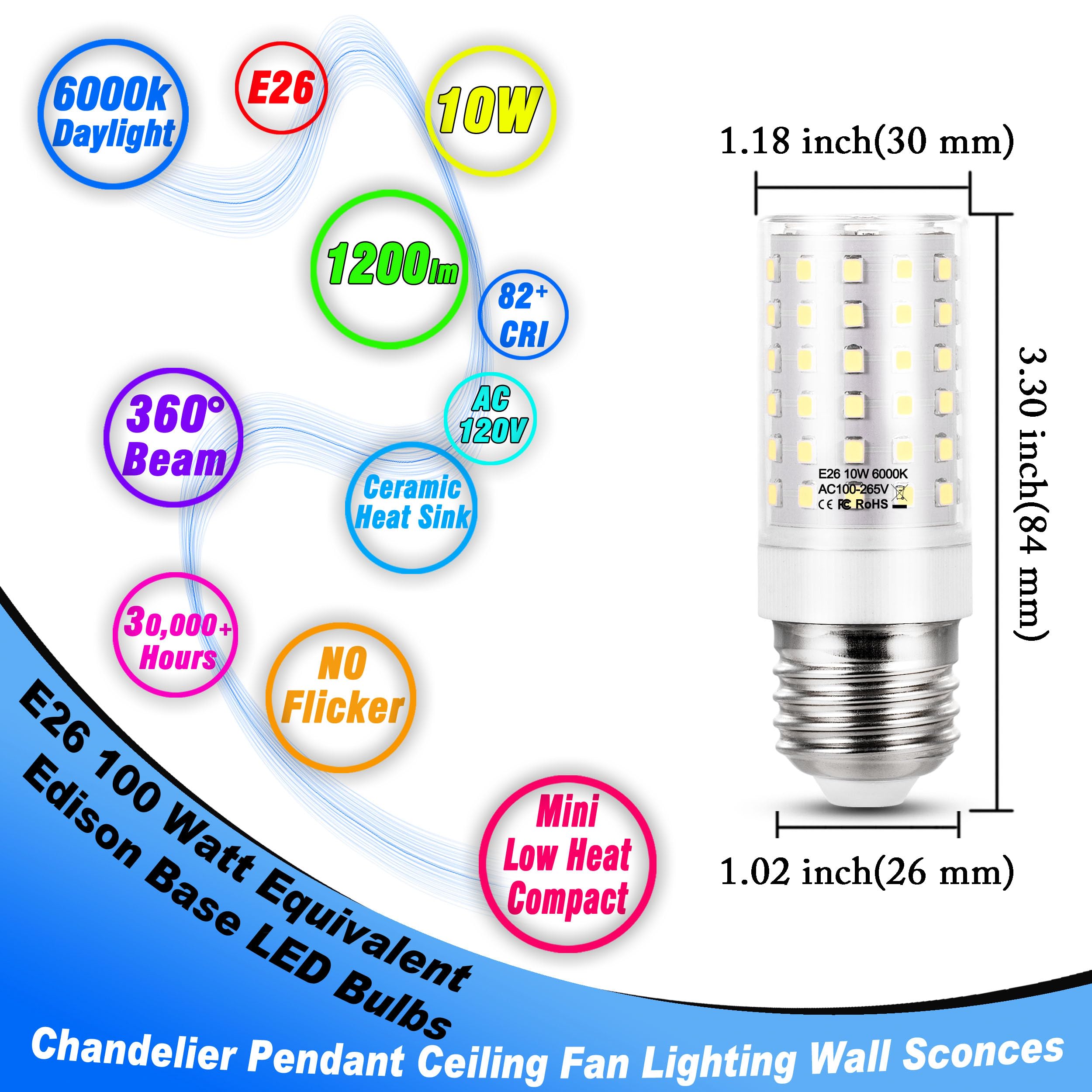 E26 Led Candelabra Light Bulb 10W Equivalent 100W 6000K Daylight White 1200Lm E26 Edison Base Led Corn Bulbs For Refrigerator Ch