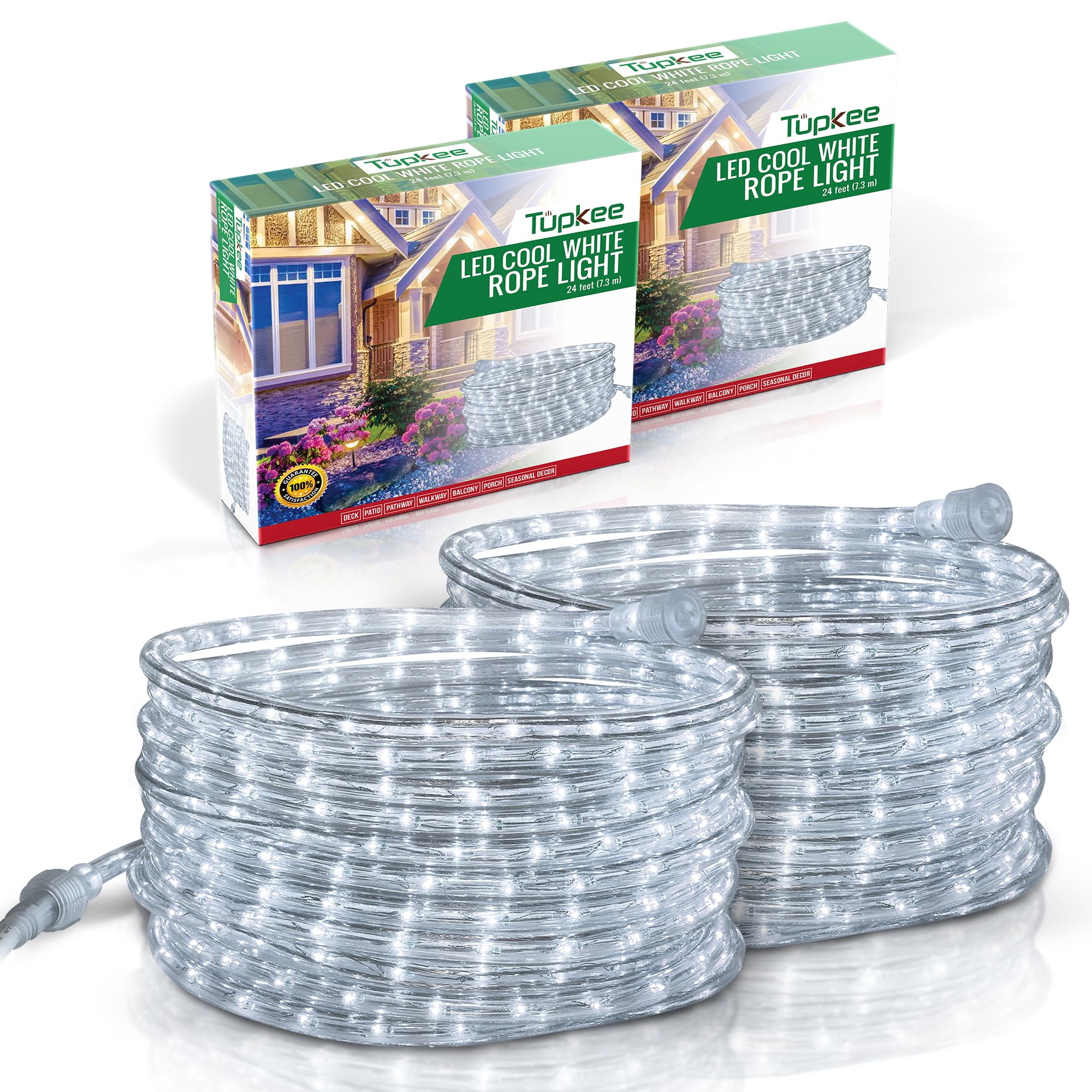 Tupkee LED Rope Light, Cool-White, 24 Feet, PVC Tube, Pack of 2, Model RL-24-LCW2