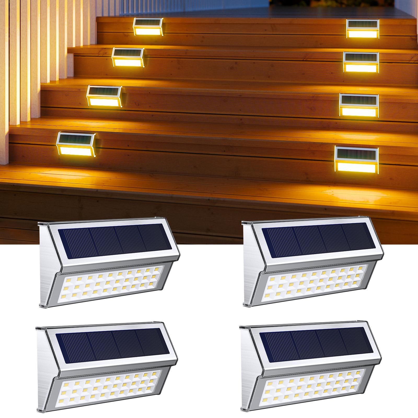 ROSHWEY Solar Step Lights for Outside, 4 Pack 30 LED Stainless Steel Outdoor Stair Lights, IP65 Waterproof Solar Light for Outsi