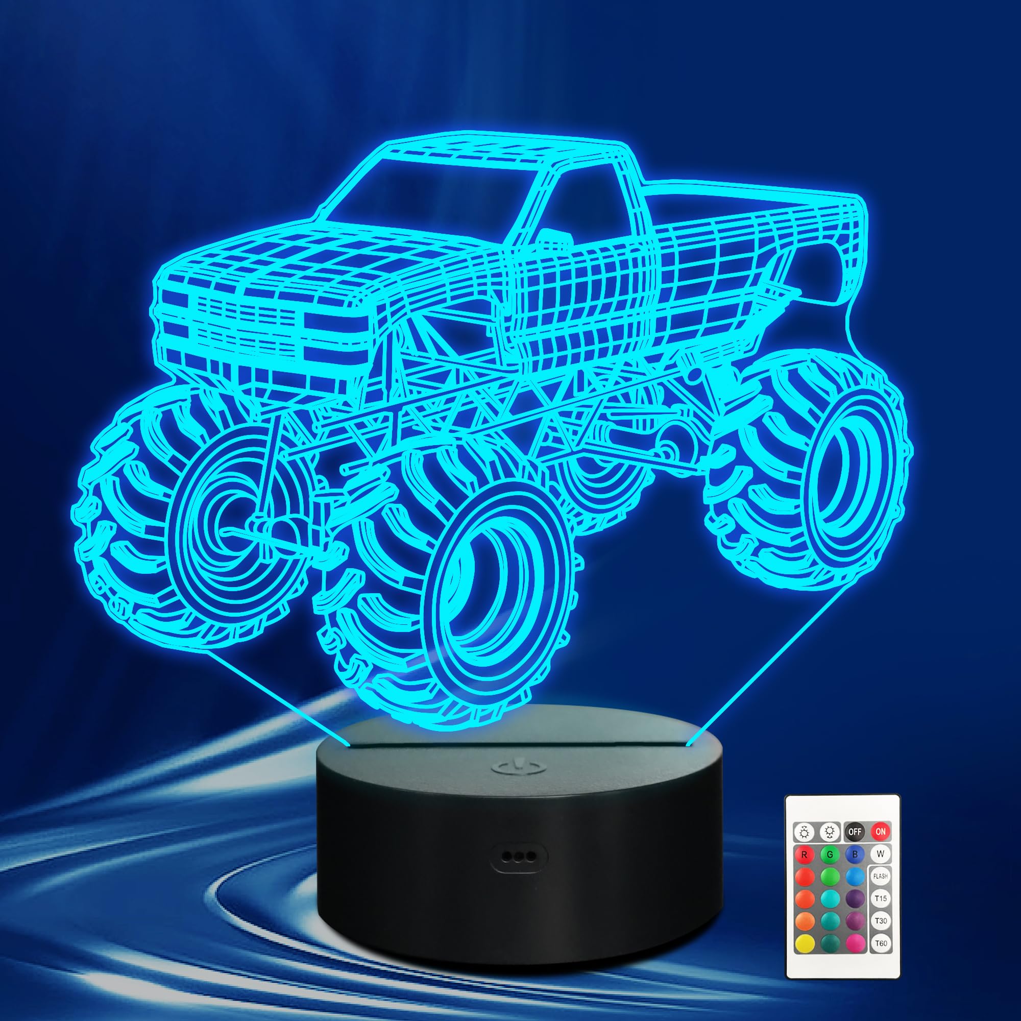 CoolGift Mart Monster Trucks Night Light for Boys, 3D LED Optical Illusion Lamp with Remote Control and Timer, Perfect Christmas