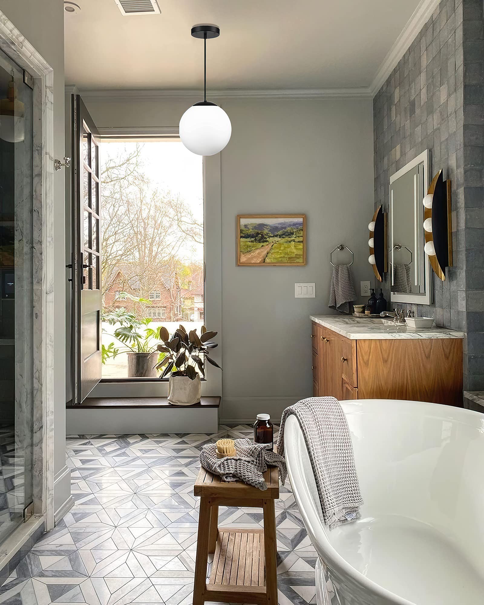 Koko&Yukina Mid Century Modern Globe Pendant Light, Opal & Black, 8&quot; Ceiling Fixture