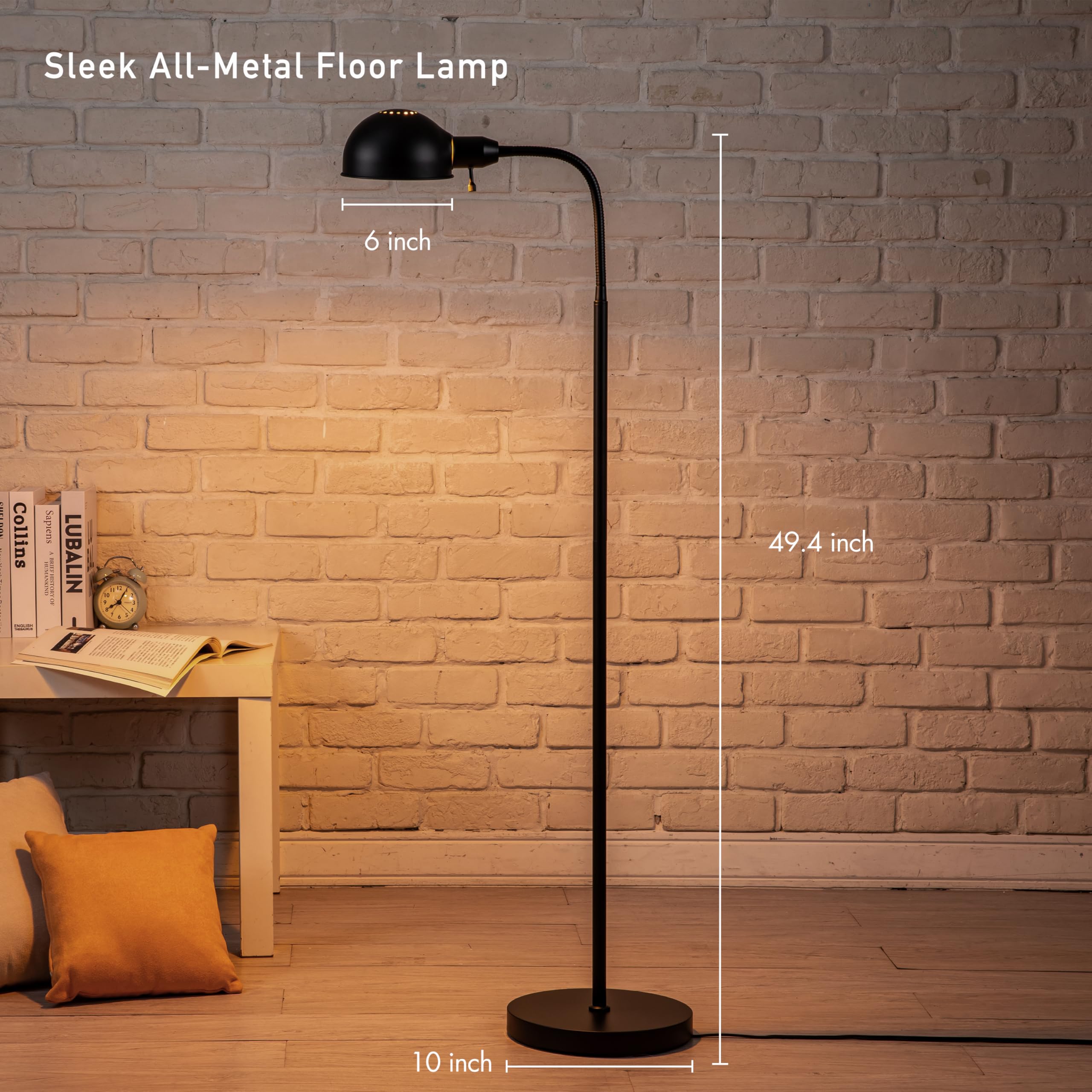 OBright Adjustable Floor Lamp, Gooseneck, E26 Socket, 10-Inch Base, Black, Model OB-FL31S