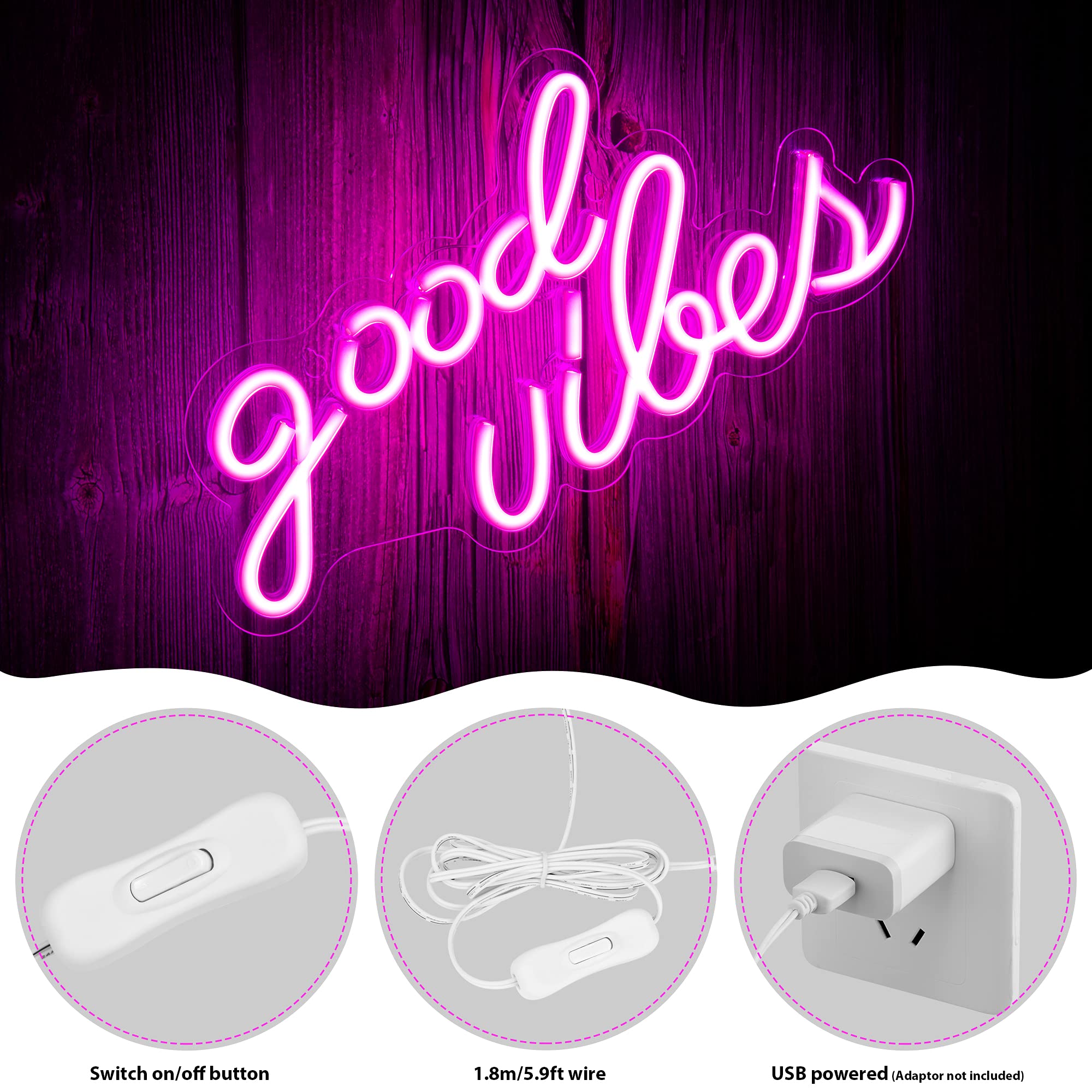 Olekki Neon Sign - Good Vibes LED Wall Decor, Pink, 16.1 x 8.3 inch, Model OLKNS-GVP, Plastic