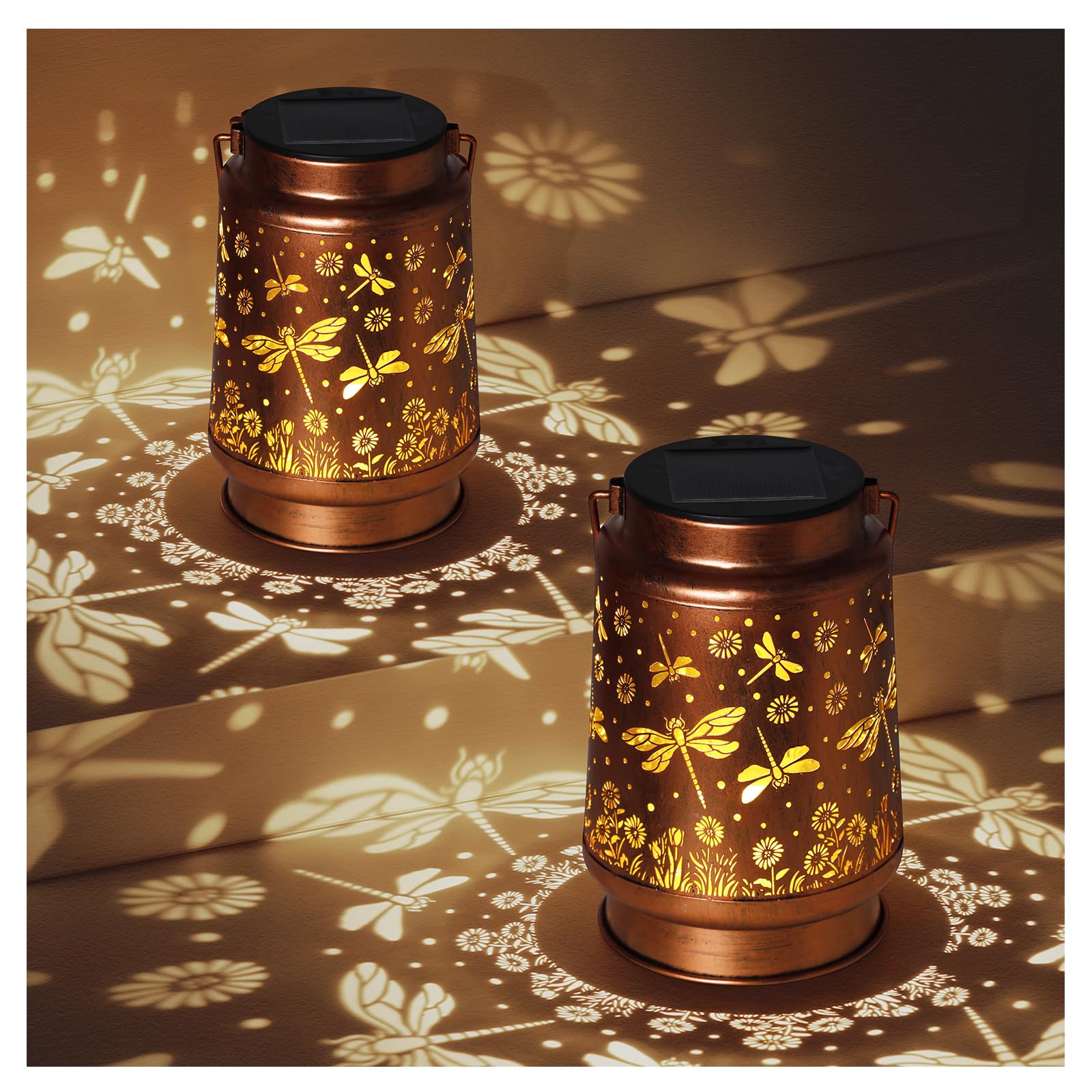 2 Pack Dragonfly Solar Lanterns Outdoor Waterproof Rose Garden Decor Gifts For Women Mom Grandma Hanging Solar Lights Metal Lantern Decoration Outside For Yard Patio Backyard Porch