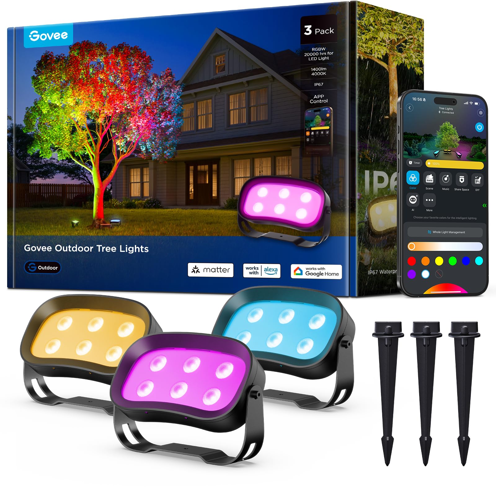Govee Outdoor Tree Lights 3-Pack  RGBWIC LED Landscape Lighting  IP67 Waterproof  Outdoor Lights for Yard Patio Garden  66 Scene Modes with App Control  Works with Alexa  Google Assistant  Matter