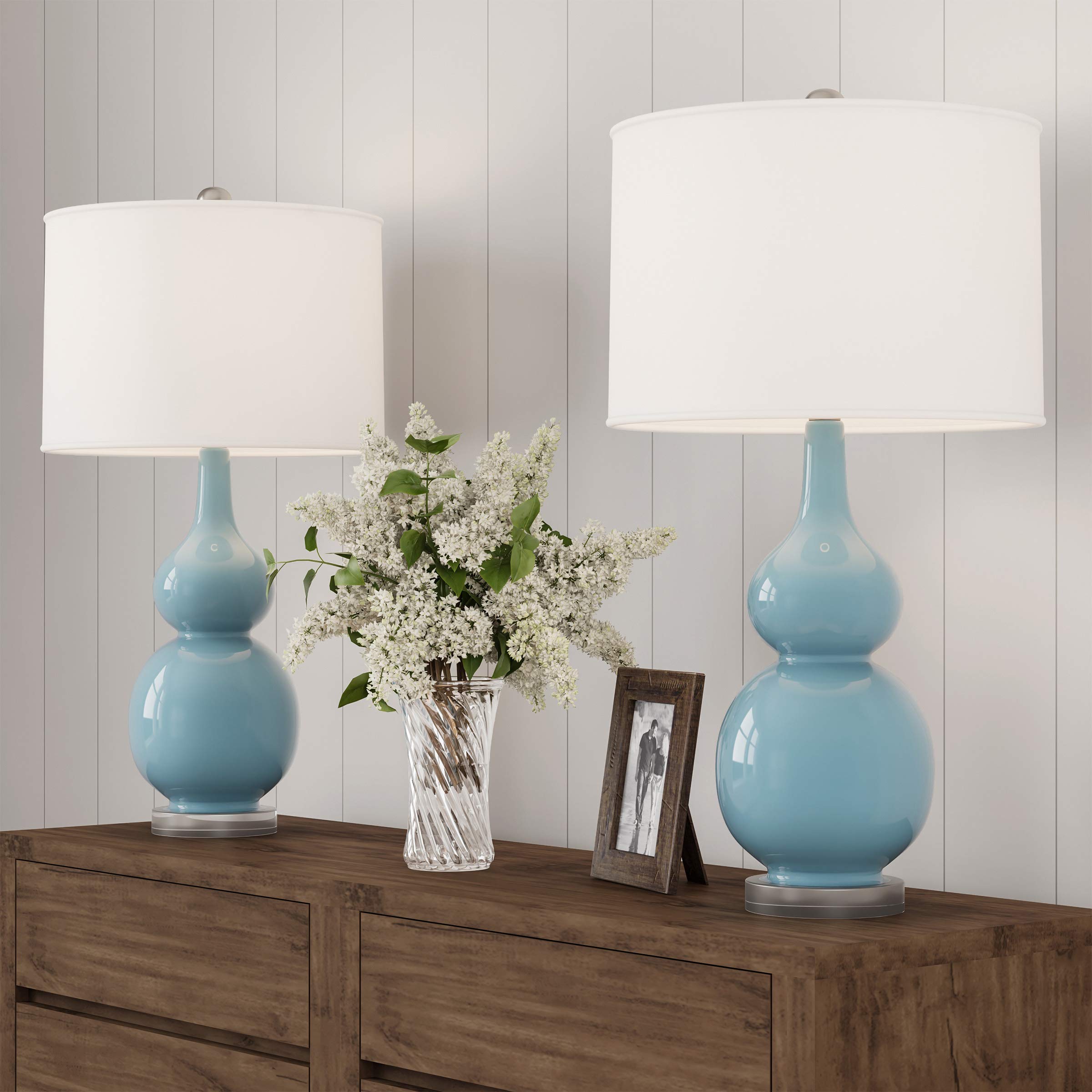 Lavish Home Set of 2 Ceramic Table Lamps - Double Gourd Vintage Style Lights for Bedroom, Living Room, or Office with Efficient LED Bulbs (Blue)