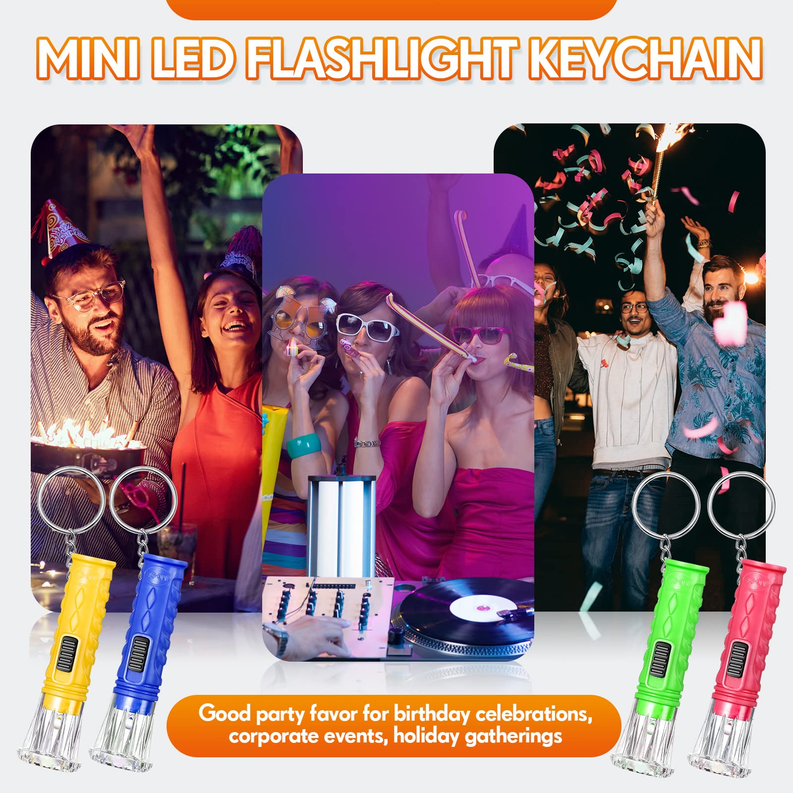 Jexine Mini Flashlight Keychain - 100 Pcs Assorted Colors LED Torch for Hiking, Camping, Christmas Party Favors