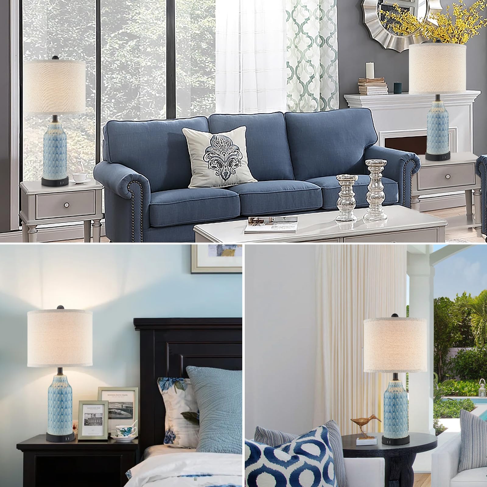 Cinkeda Blue Ceramic Table Lamps Set Of 2, Touch Control, Usb Ports, 3-Way Dimmable, Bulbs