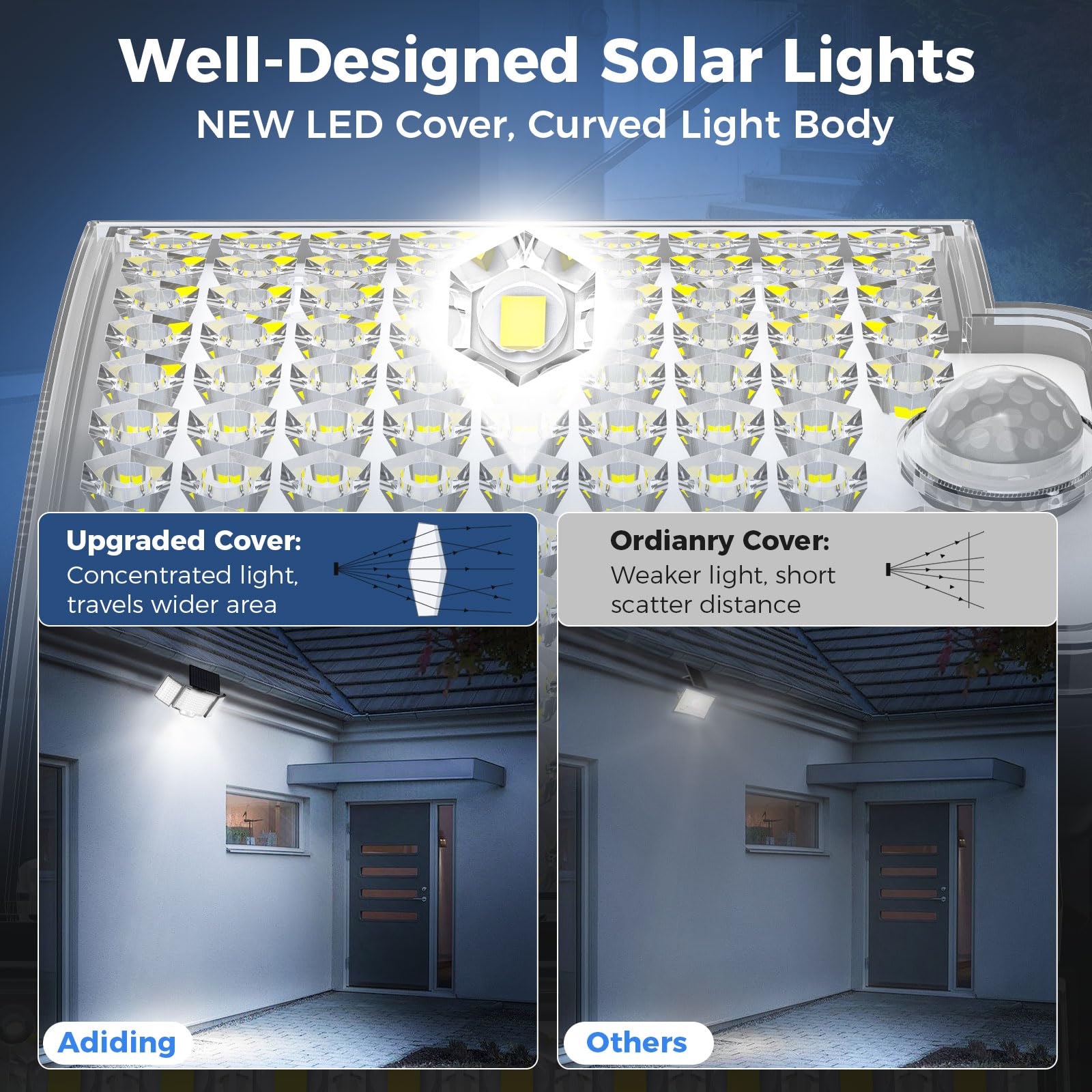 Adiding Outdoor Solar Lights, 212 LED, 270° Wide Angle, 3 Modes Motion Sensor, 1 Pack, Black, Model TBD-23