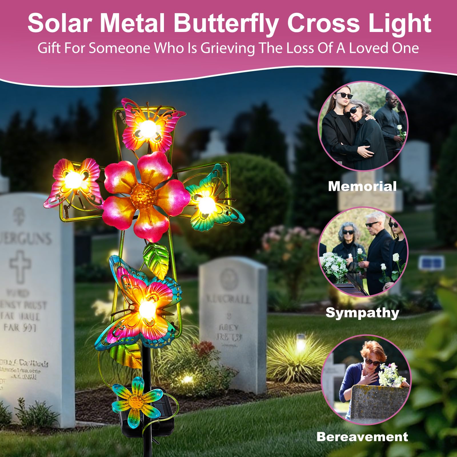 YJFWAL Solar Butterfly Cross Garden Stake Light, Metal, Warm White, Model Butterfly Cross-1, Cemetery Decoration