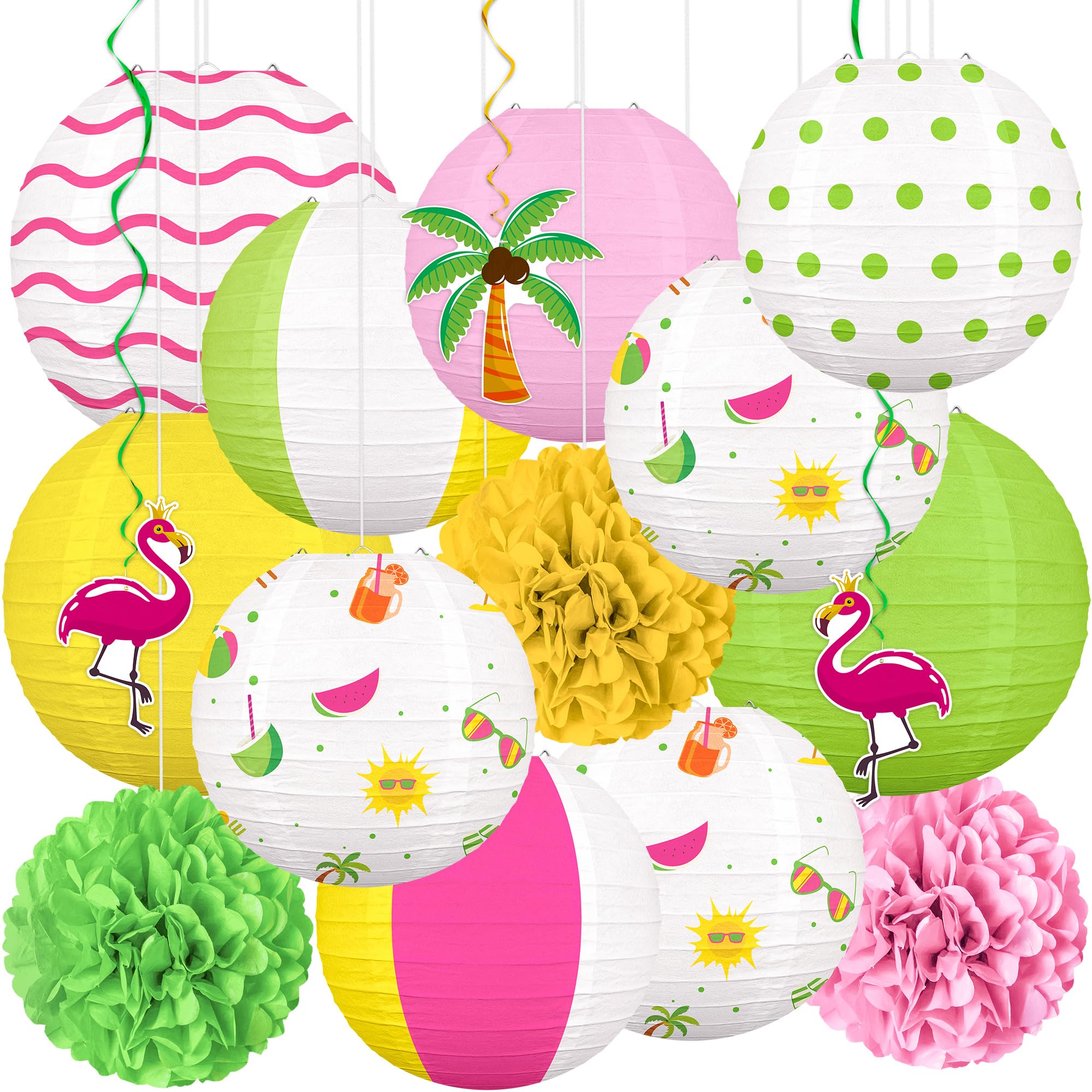 16Pcs Summer Party Decorations Paper Lanterns Pom Poms Hanging Swirls - Luau Beach Pool Hawaiian Tropical Hanging Decor for Home