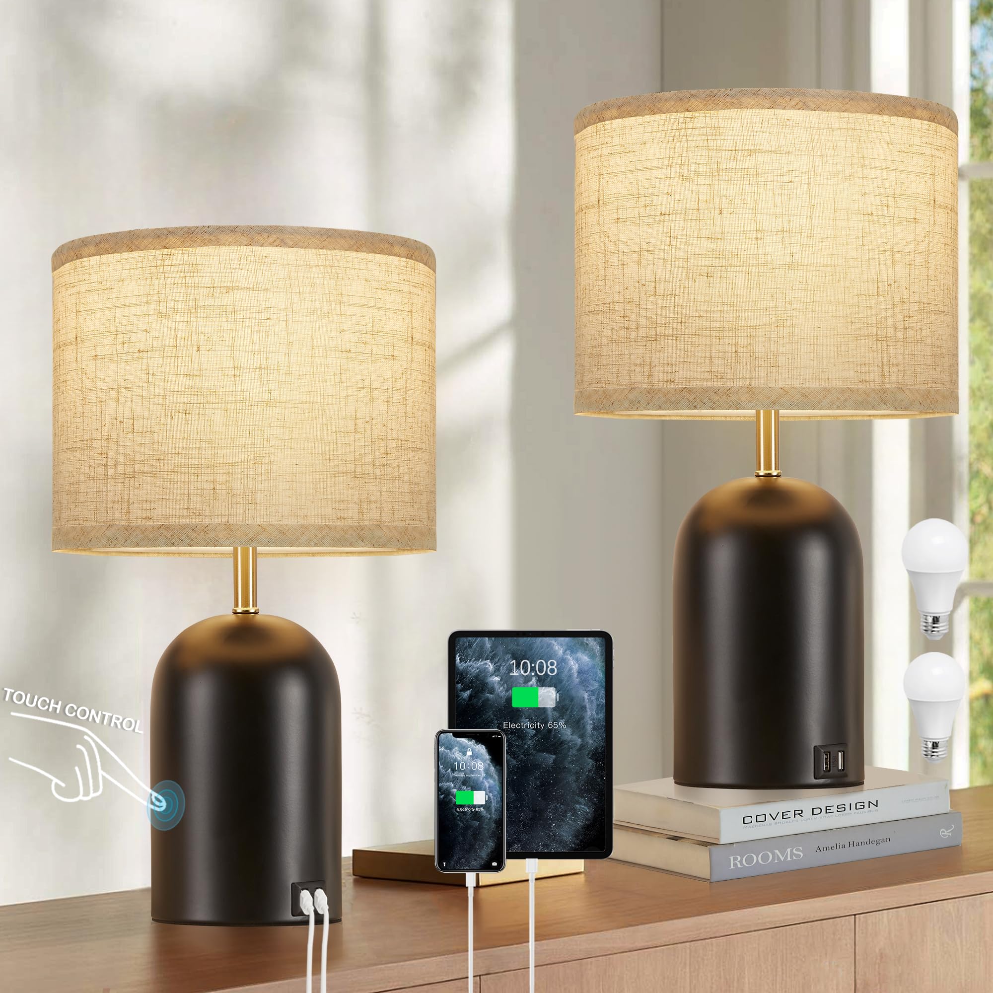 Bedside Lamps with USB C+A Charging Ports, Table Lamp Touch Control 3-Way Dimmable Modern Lamp for Bedroom Lamps for Night Stand