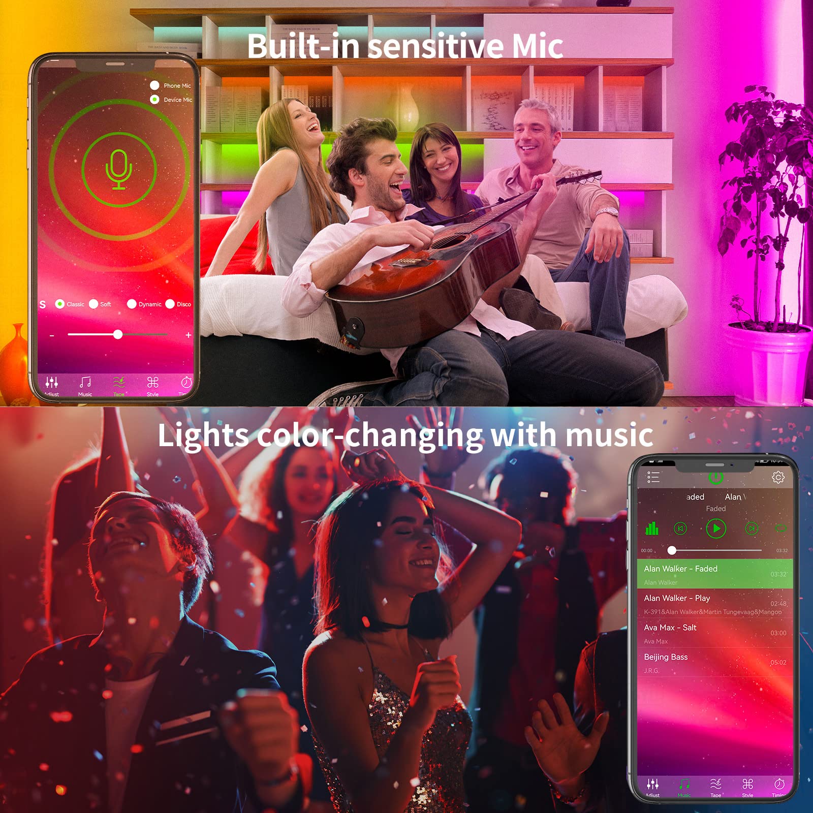 KSIPZE 100ft LED Strip Lights - RGB Music Sync, Bluetooth Control, 2 Rolls of 50ft for Bedroom Home Decor