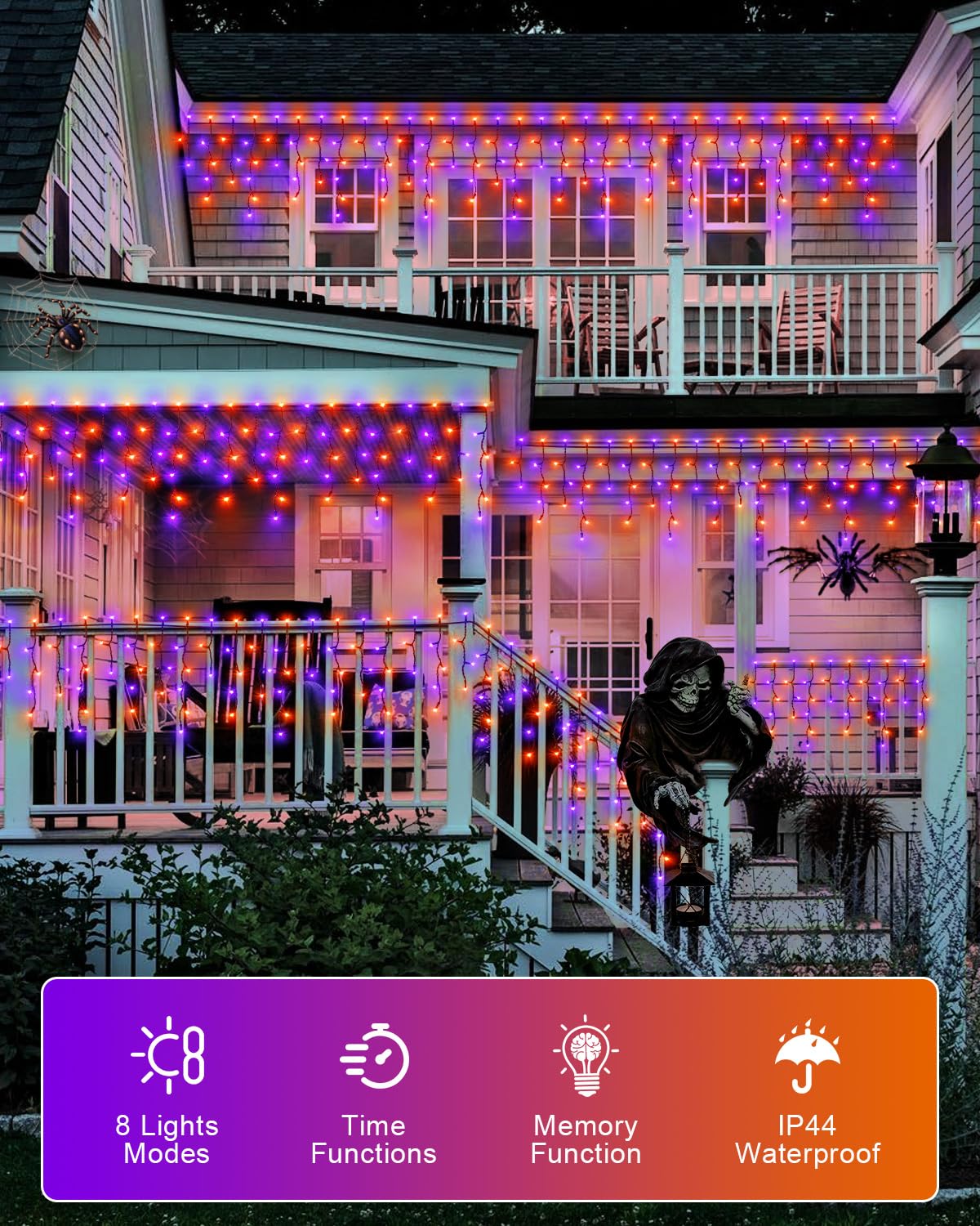 Jixxulvu Outdoor Halloween Lights  Waterproof 53Ft 486 Led Hanging String Lights With 108 Drops  8 Modes Timer  Connectable Plug-In Outside Lights For Party Eaves Yard Decorations  Purple And Orange