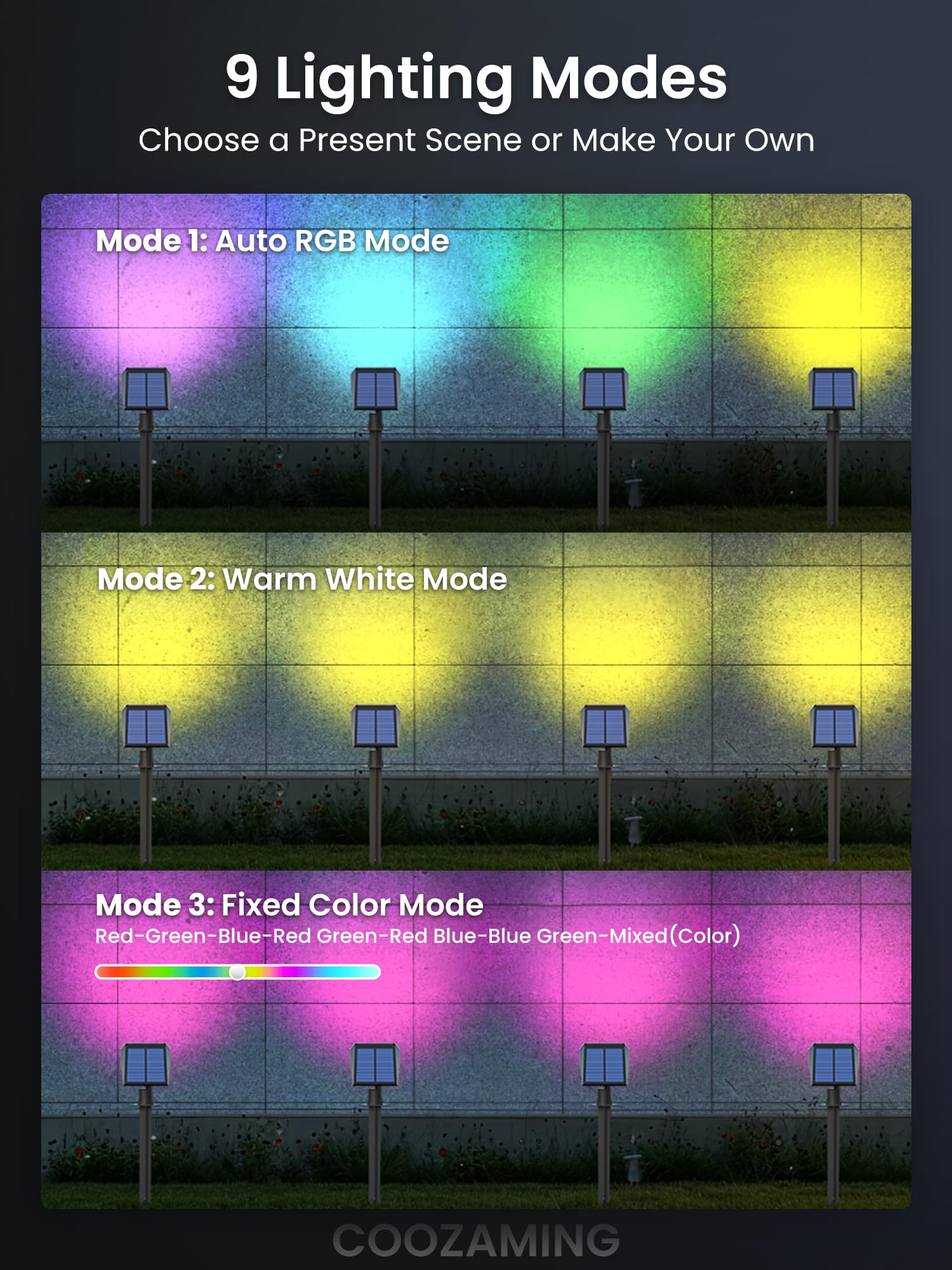 Coozaming Solar Spot Lights, 9 Color Modes, 63 Led Waterproof Garden Lights - 4 Pack