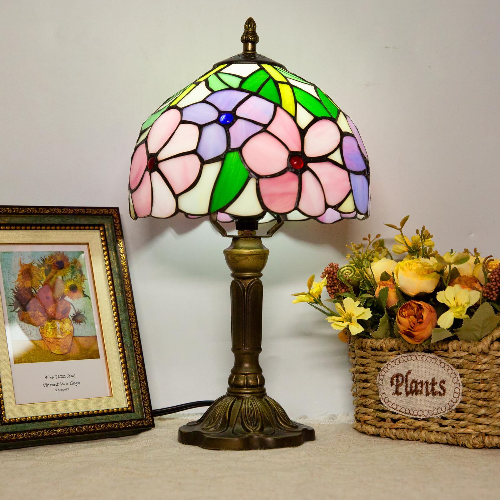 Ppbmocw Stained Glass Lamp,8X14 Inches Small Tiffany Lamp,Four Flowers Style Art Deco Lamp For Bedside,Antique Office,Living Roo