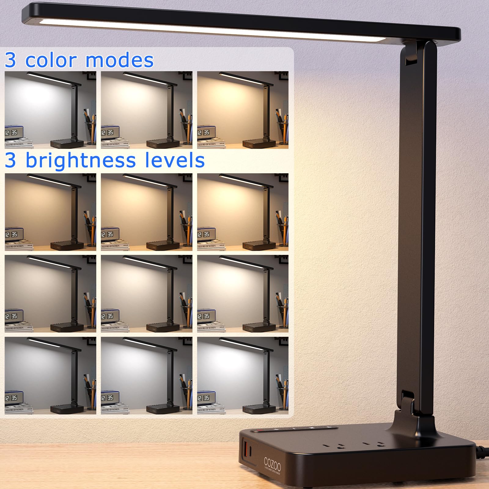 Cozoo Desk Lamps For Home Office,Modern Led Desk Lamp For Dorm With 2 Usb Charging Ports/Type C Port,2 Ac Outlets,3 Lighting Mod