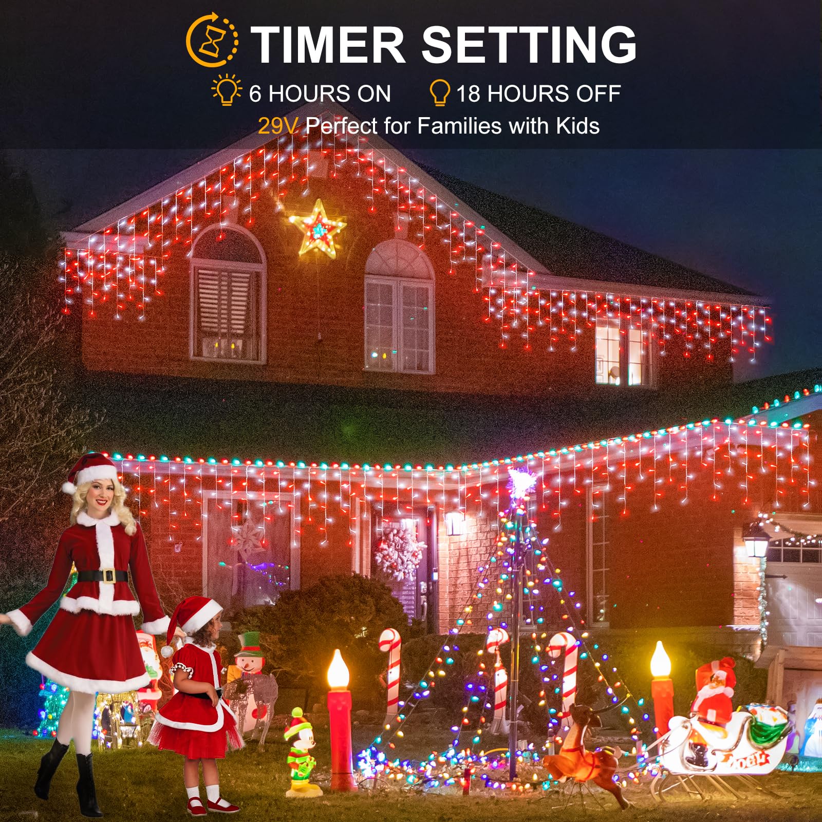 33Ft Red And White Christmas Lights, 400 Led Icicle Lights For Outside, Clear Wire Connectable Twinkle Lights With 8 Modes Timer