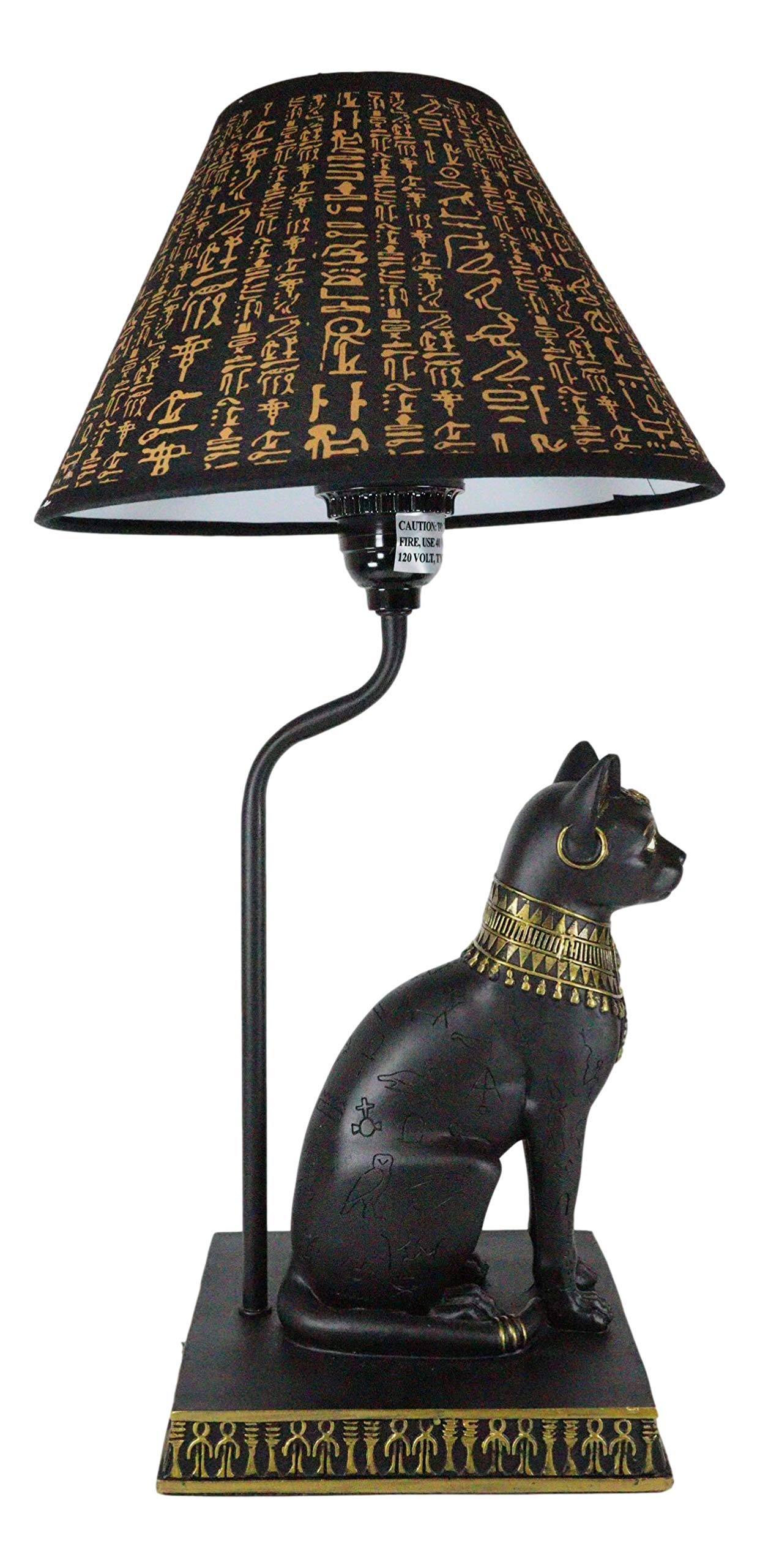 Ebros Gift Egyptian Goddess Bastet Cat Side Table Lamp, 18" High, Black and Gold, Resin, Hieroglyphic Shade, Deity of Protection