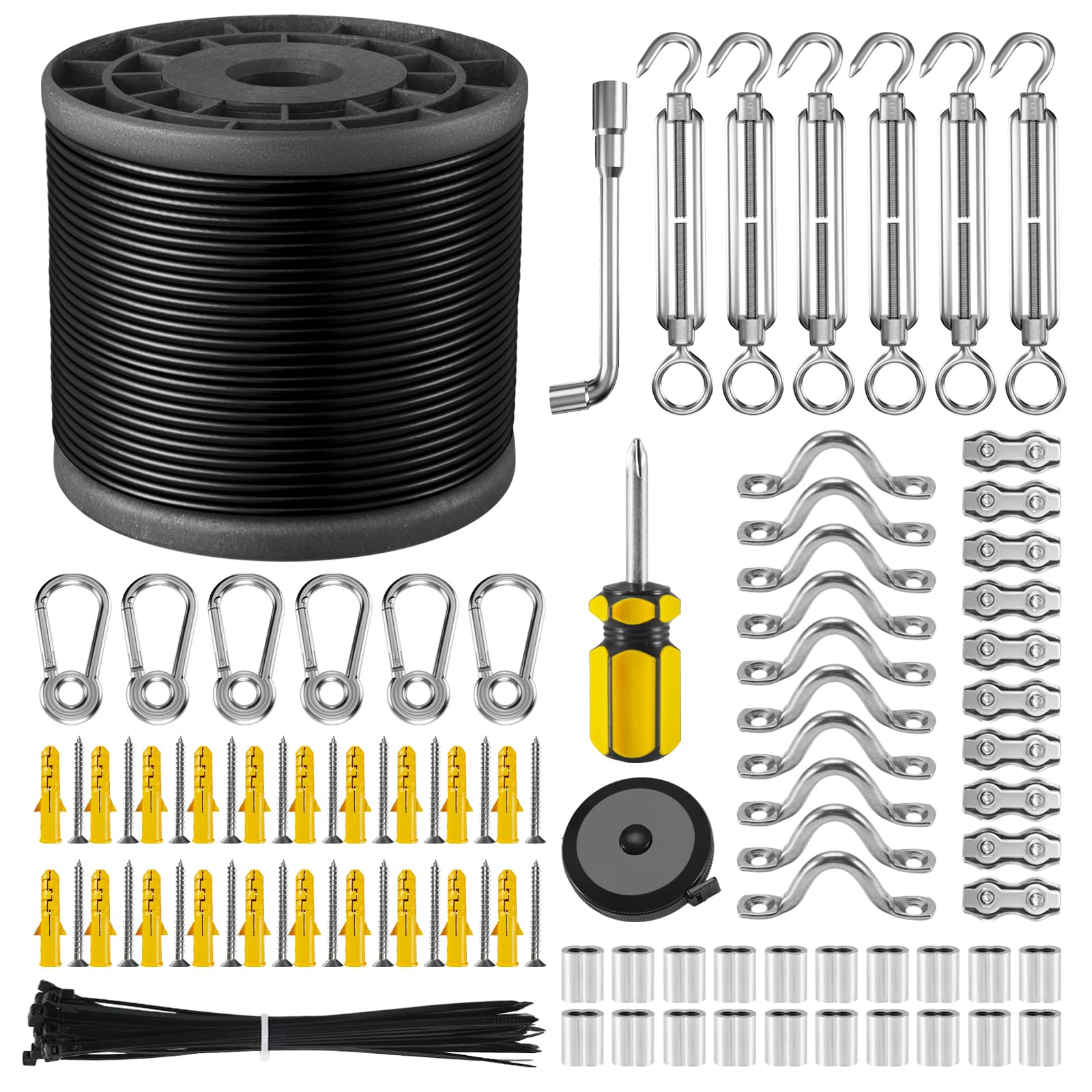 Nereus String Light Hanging Kit With 200 Ft Vinyl Coated 304 Stainless Steel Cable, String Light Suspension Kit, Guide Wire With Turnbuckles And Hooks For Patio, Backyard Lighting Accessories