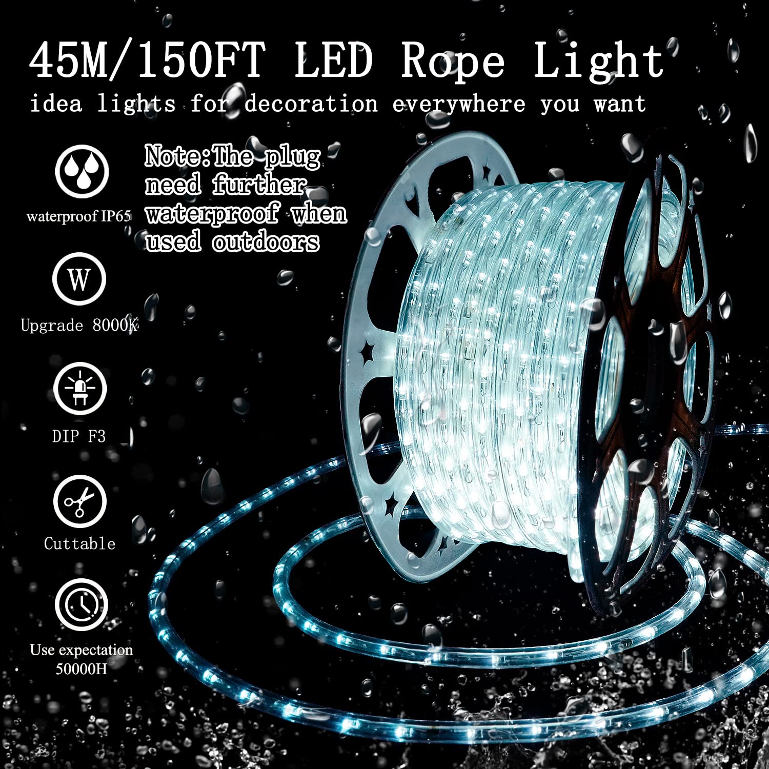 SURNIE LED Rope Lights 150FT Waterproof Dimmable Daylight White for Outdoor/Indoor Decoration, Model SR11101-45-DW-NA