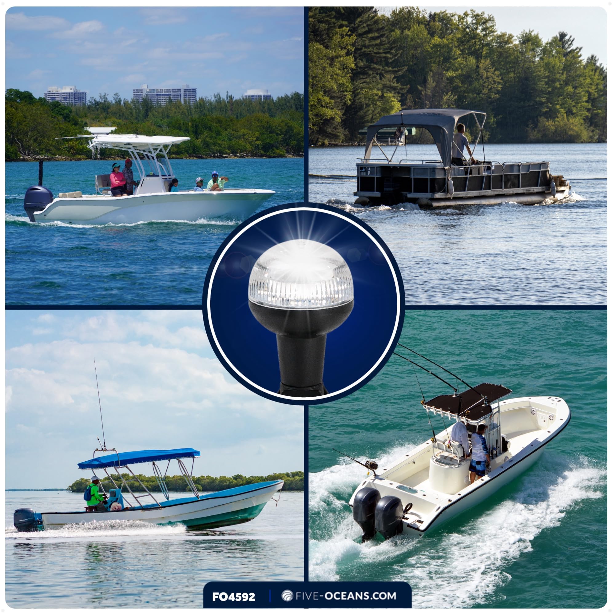 Five Oceans Boat Anchor Light, 12V DC, USCG 2NM Certified, 4-Inch LED, ABS Plastic Base, Fixed Mount, for Pontoon & Fishing Boats