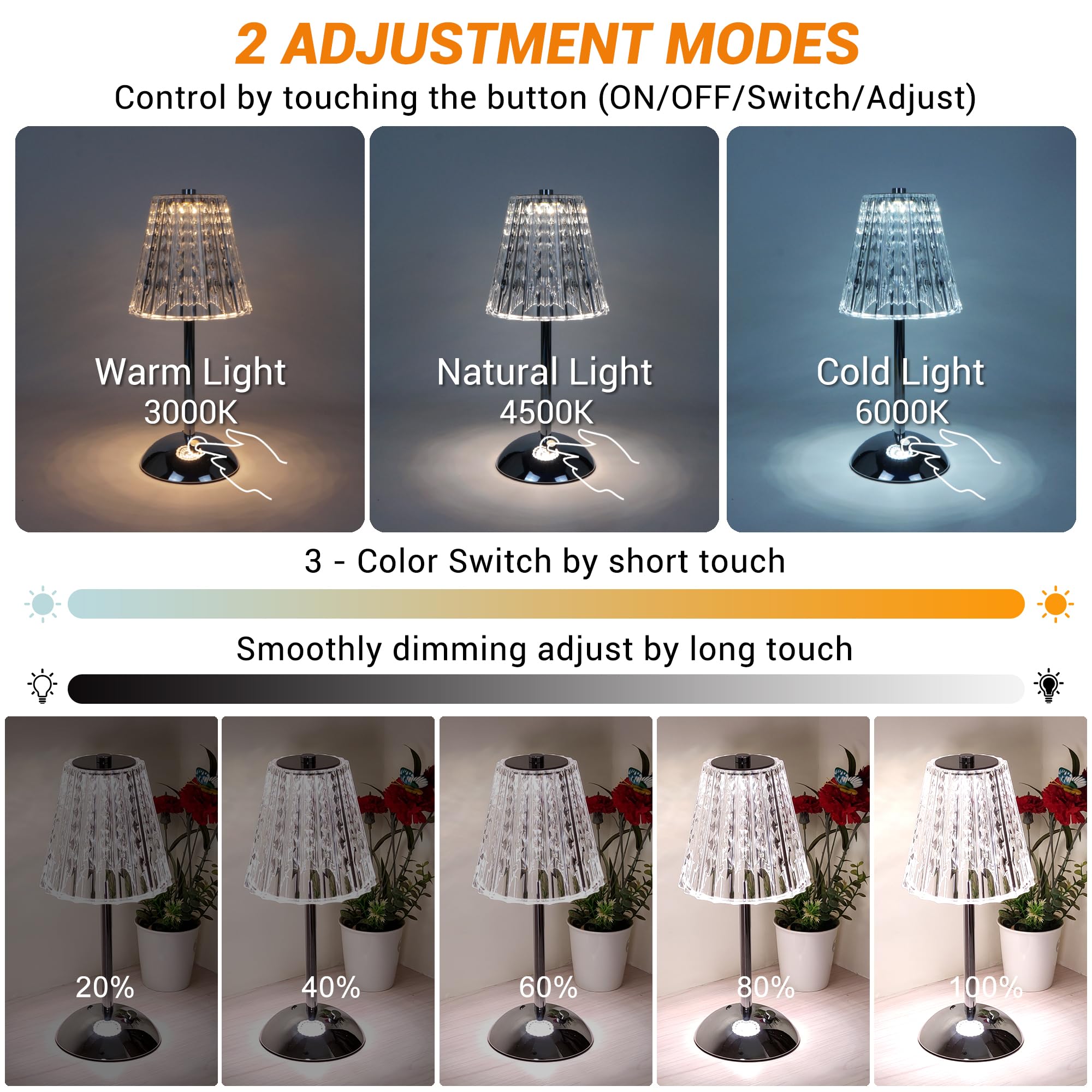 Amingulry Cordless Table Lamp, 4000mAh Rechargeable, 3 Color Modes, Stepless Dimmable, Small, Silver Chrome