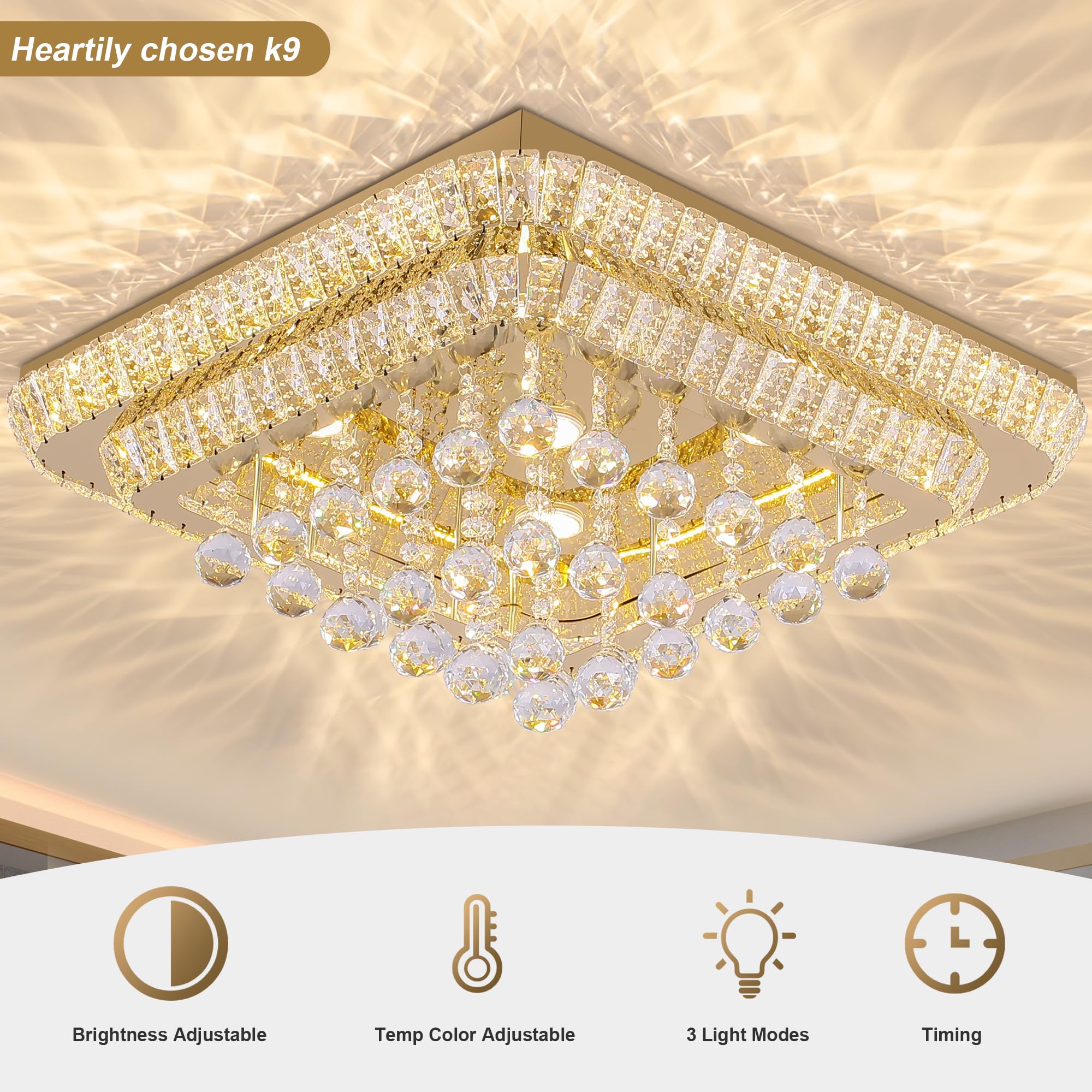 REDSTAR 24" Gold Crystal Ceiling Light Flush Mount, Remote & APP Control, Adjustable Brightness & Color Temp, Model A228-24-GD