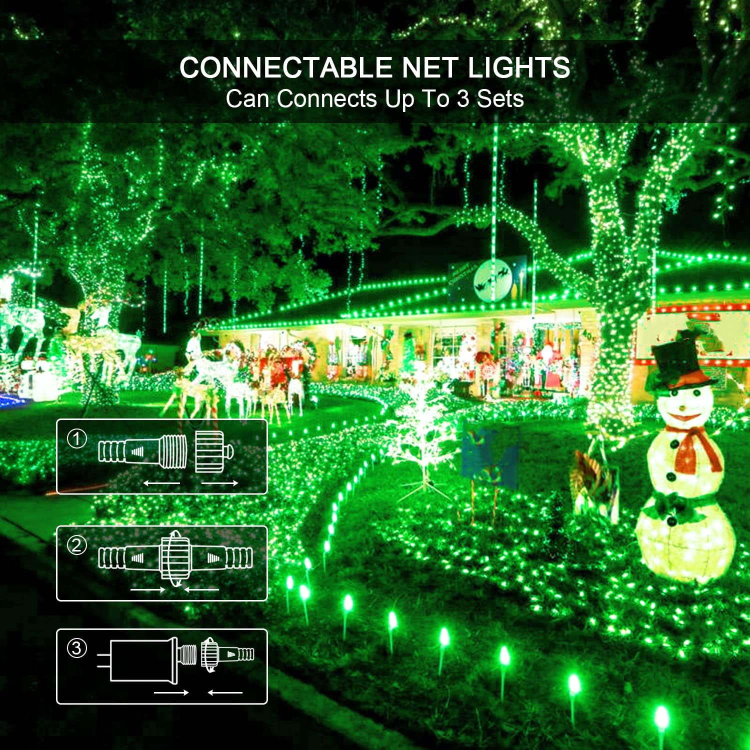 JMEXSUSS Green Christmas Net Lights 360 LED 12ft x 5ft, 8 Modes, Remote, Connectable, Transparent Wire
