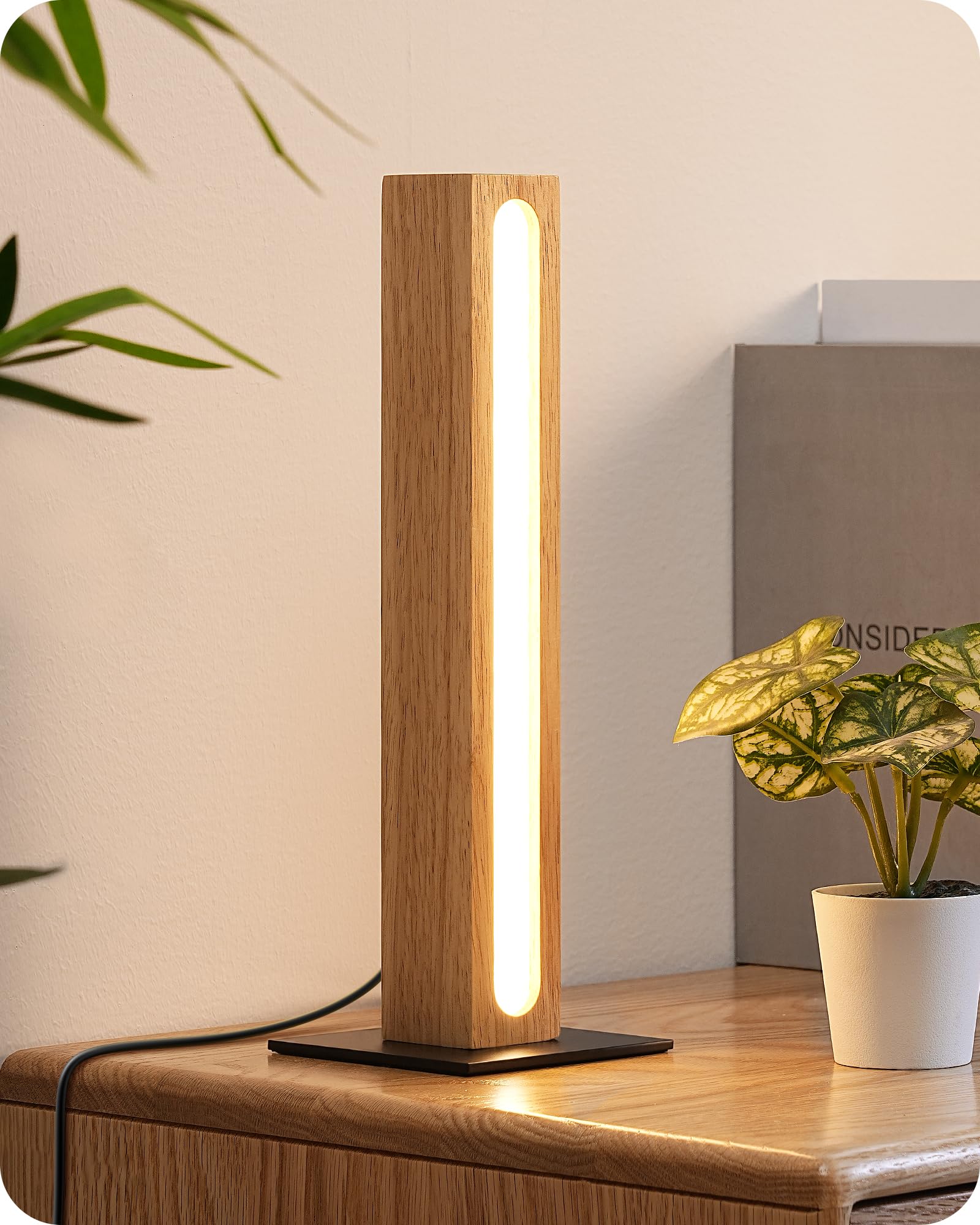 EDISHINE LED Wood Table Lamp, 3-Color Temperature Minimalist Bedside Lamp, Stepless Dimmable & Memory Function, Touch Switch, Sq