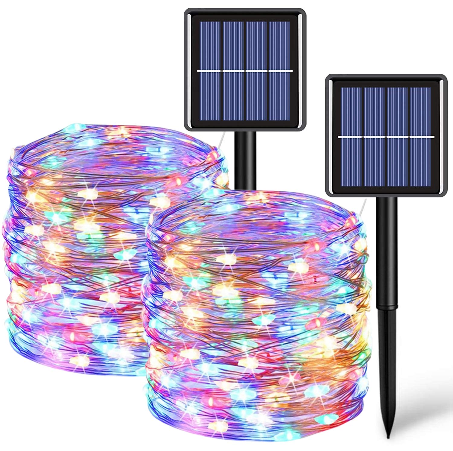QITONG Multicolor Solar Fairy Lights, 2 Pack Each 66ft 200 LED String Lights Outdoor, Silver Wire Solar Christmas Lights with 8 