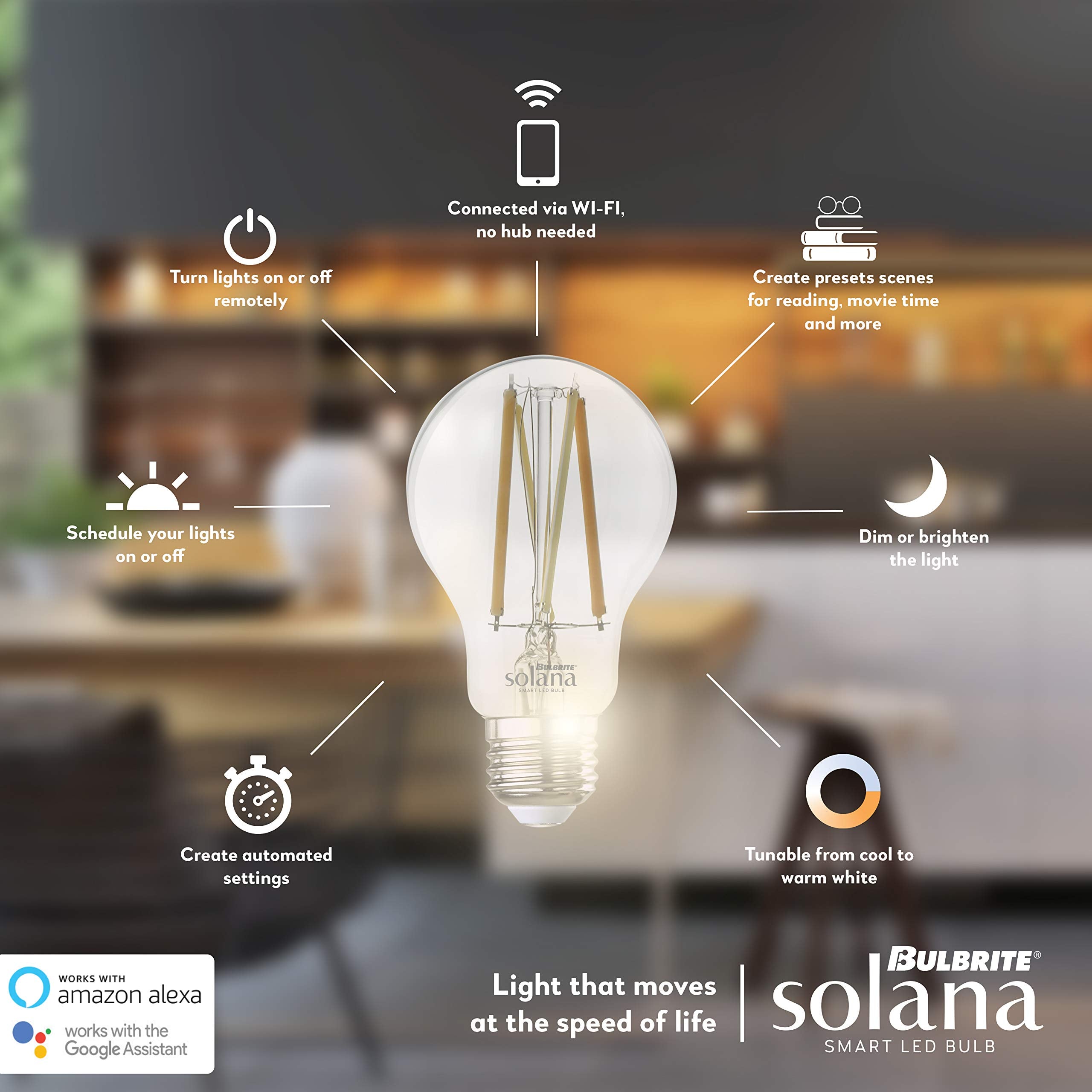 Bulbrite Solana A19 Wi-Fi Connected Edison Filament Led Smart Light Bulb, Single-A19, Clear