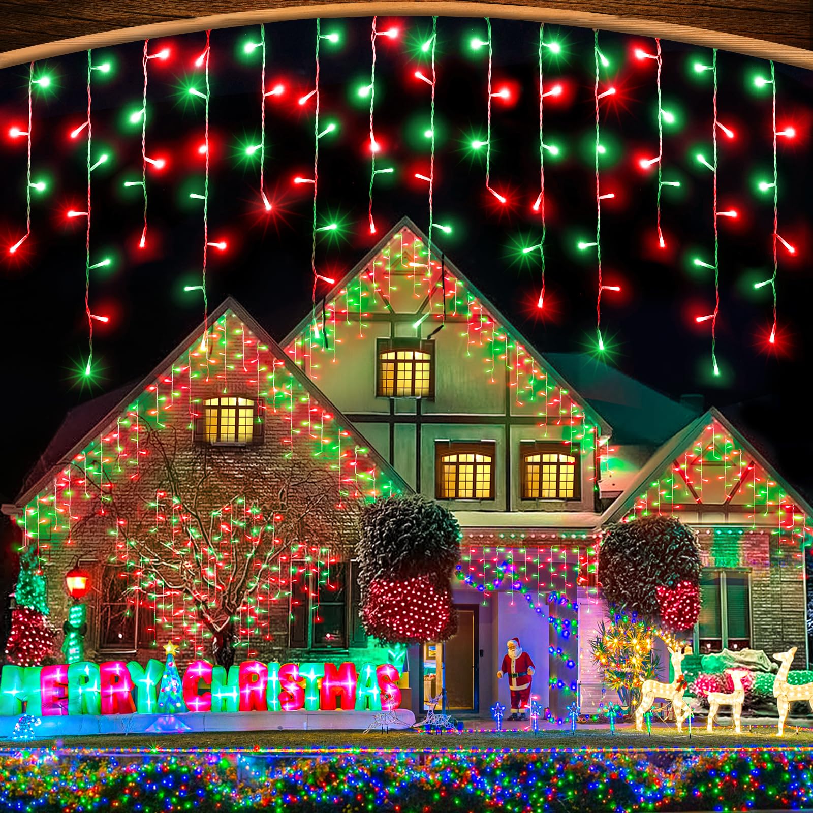 33ft Red and Green Christmas Lights, 400 LED Icicle Lights for Outside, Clear Wire Connectable Twinkle Lights with 8 Modes Timer