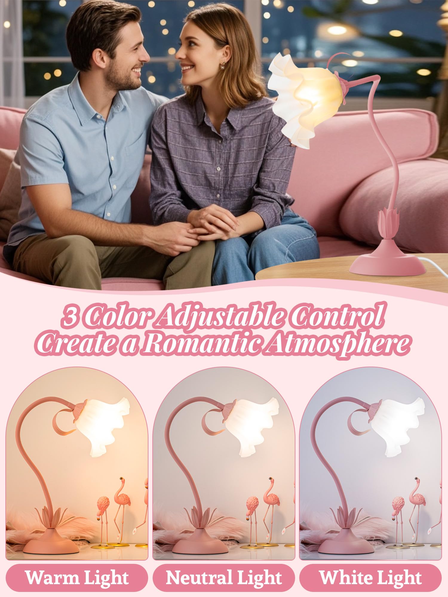 WULCFCH Vintage Flower Table Lamp - Pink LED Bedside Light, 3 Color Modes, Model huadeng-1, Perfect for Bedroom & Living Room Decor
