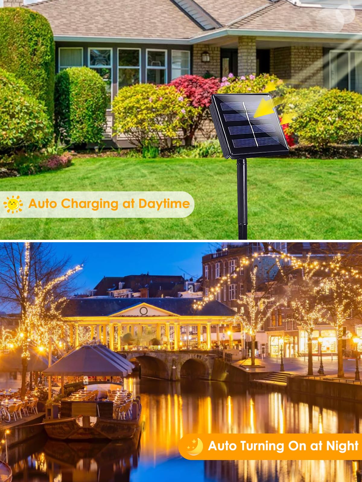 EXF Warm White Solar String Lights 200LED 66FT 2 Pack Waterproof Green Wire with 8 Modes for Outdoor Christmas Decor