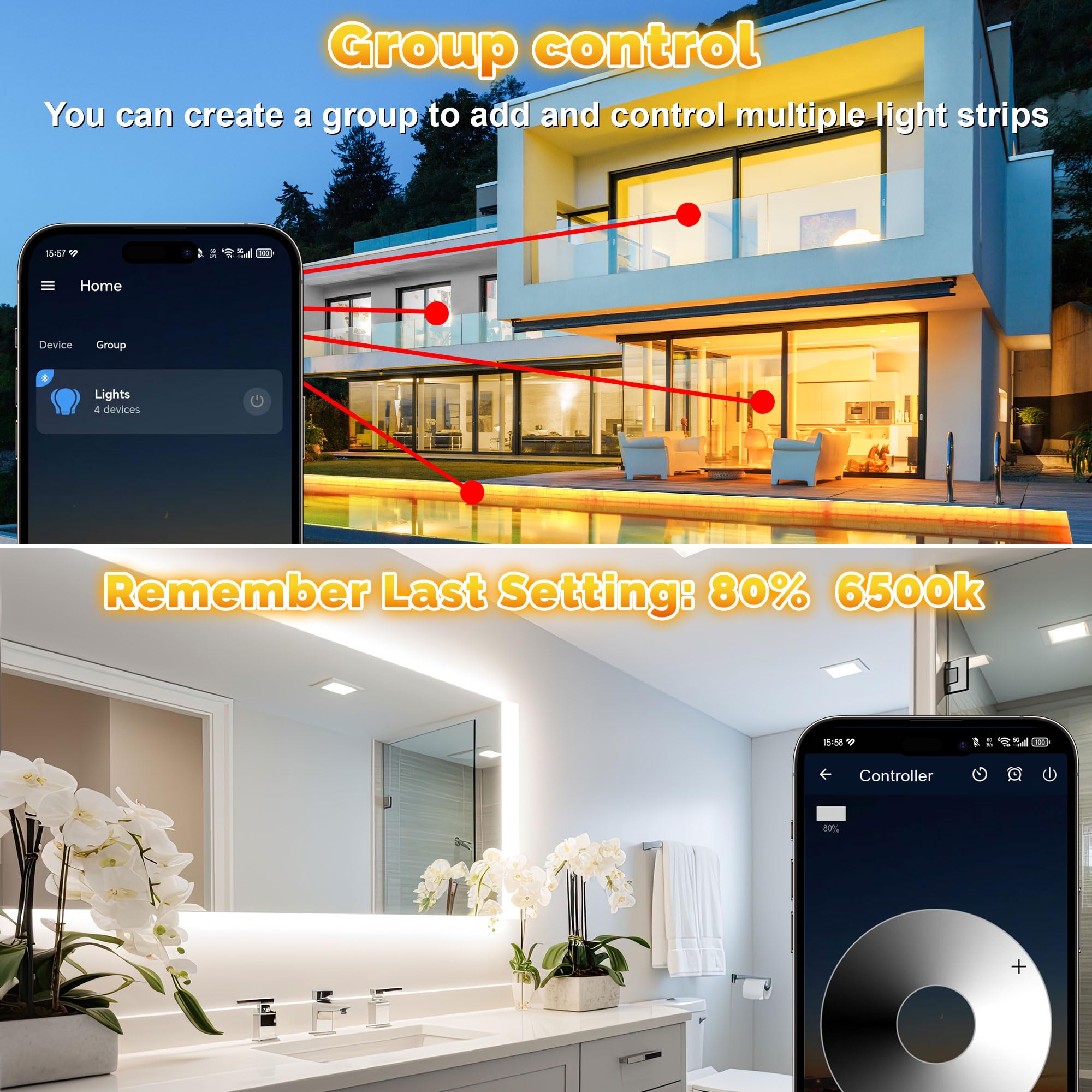 TENDIST 65.6FT Waterproof LED Strip Lights, Dimmable 3000K-6500K, Silicone-Coated, Remote & APP Control, Model SSDWW2100