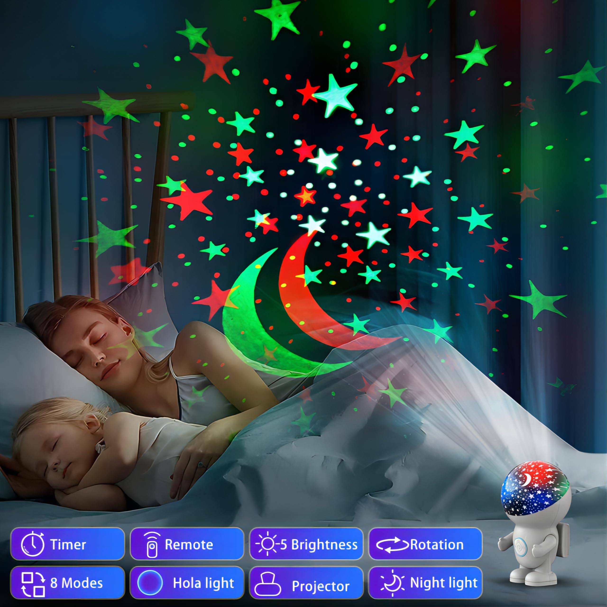 Night Light Projector,Night Light For Kids,Astronaut Star Projector With Timer,Remote, Adjustable Brightness,Energy Halo And 360