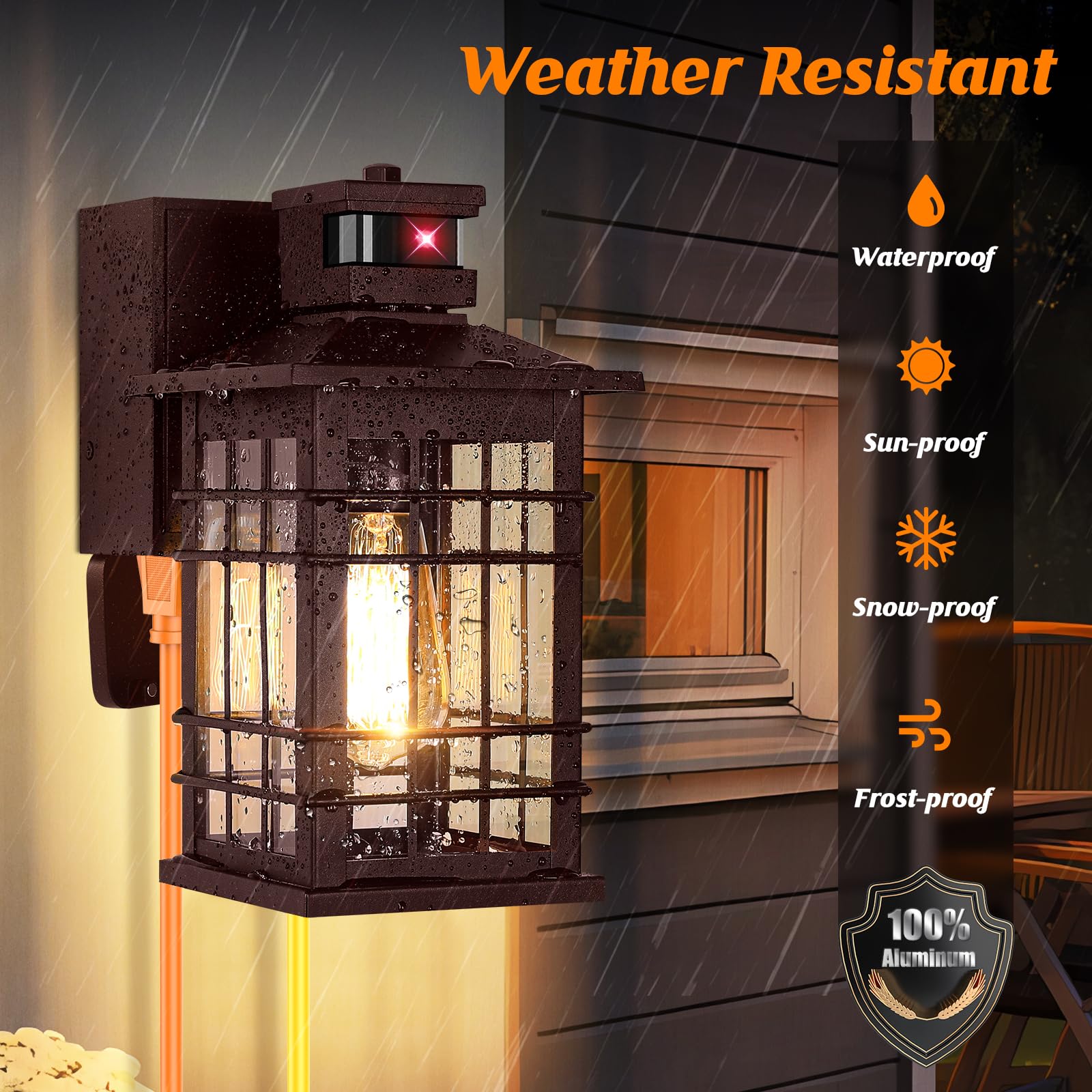 Kondras 2-Pack Brown Motion Sensor Outdoor Wall Light Fixture, 11.4" Waterproof Aluminum Lantern, Model 0815, 3 Lighting Modes