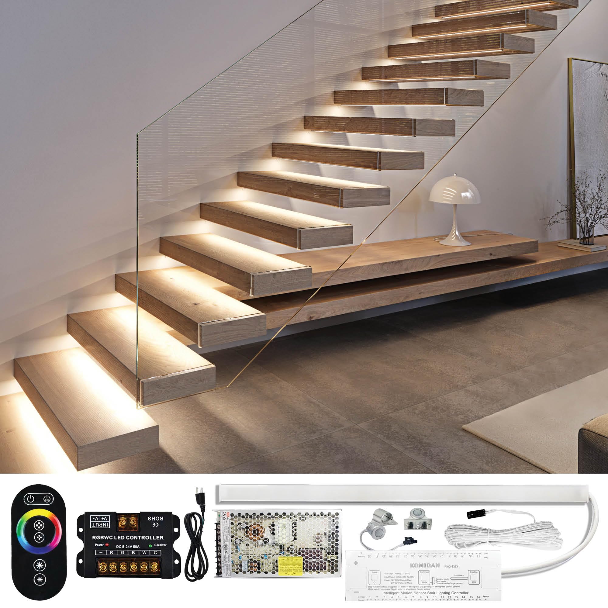 Parmida Motion Sensor LED Stair Lighting Kit, RGB & 5CCT, 24in Aluminum, Remote Control, Dimmable, Model PLED-CSTLS-RGB-MCCT-10