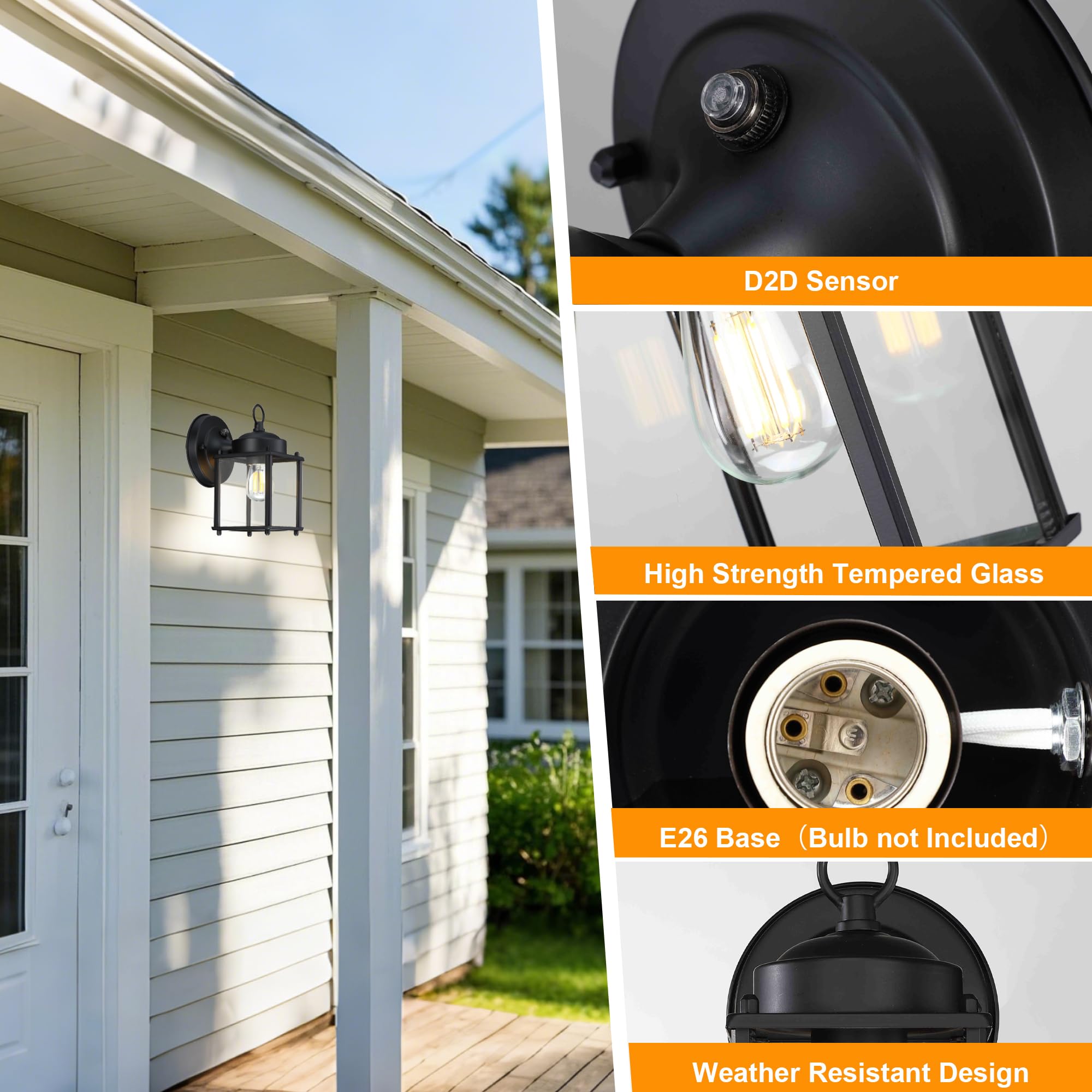 GRUENLICH Dusk to Dawn Outdoor Wall Lantern, Matte Black, 8 Inch, Metal, 2 Pack, Model GR-WL008D2D-BK-2PK