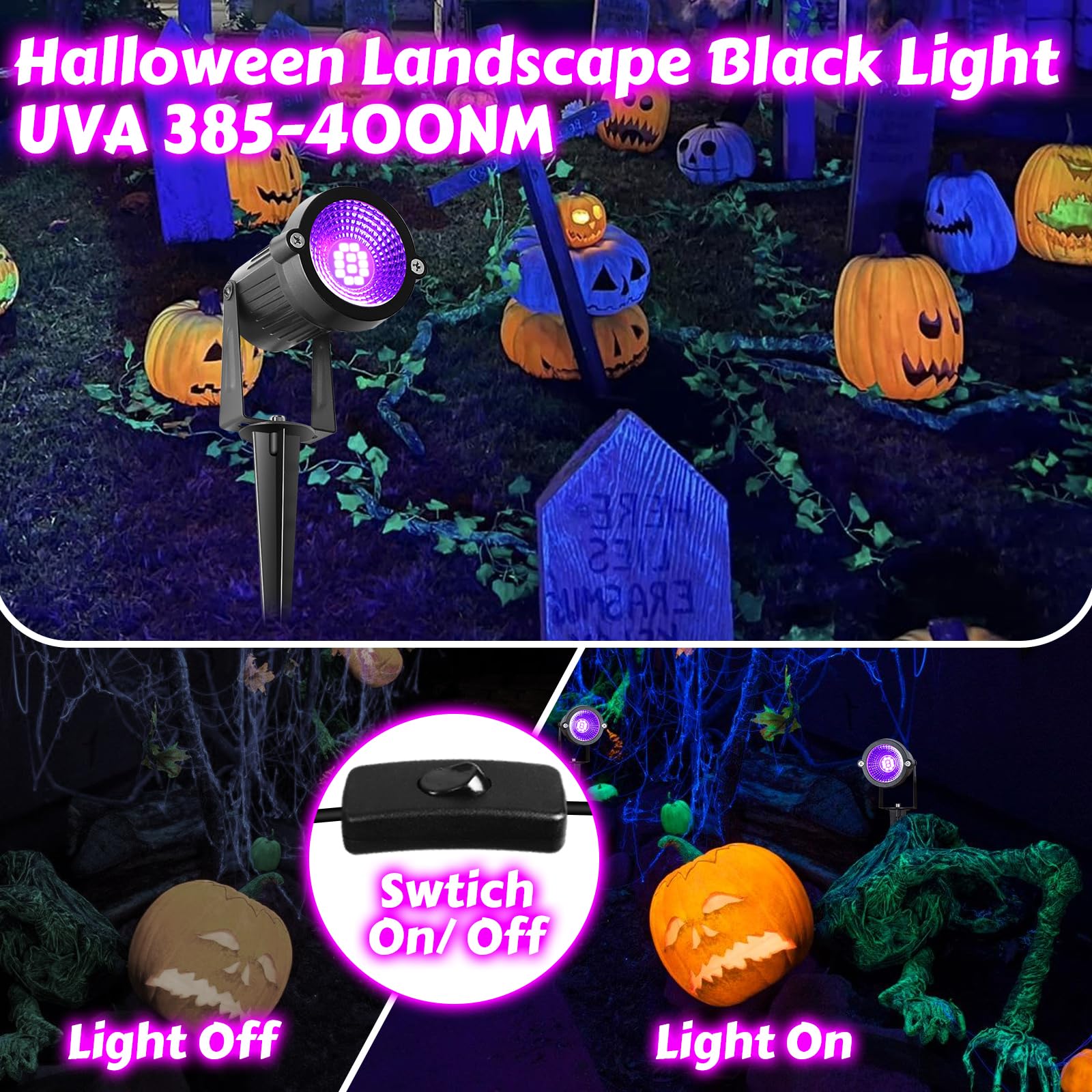 4 Pack Waterproof Black Lights, Ip66 15W Led Blacklight Halloween Outdoor Spotlight With On/Off Switch + Plug + Metal Stakes For