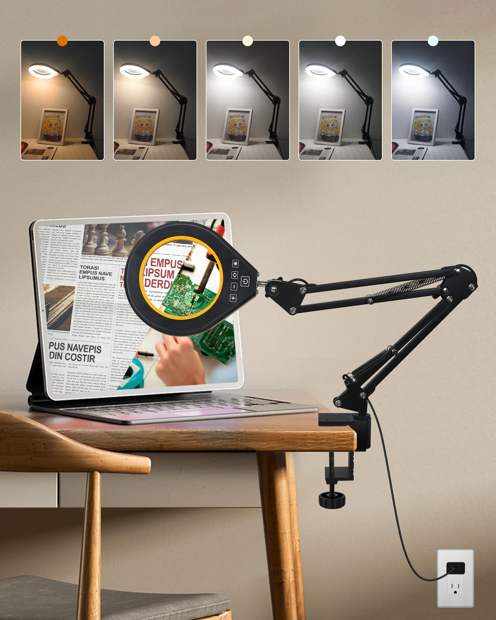 Magnifying Glass with Light, 10X & 5X Real Glass & Anti-Glare Lens, 5 Color Mode Stepless Dimmable LED Desk Magnifying Lamp, Han