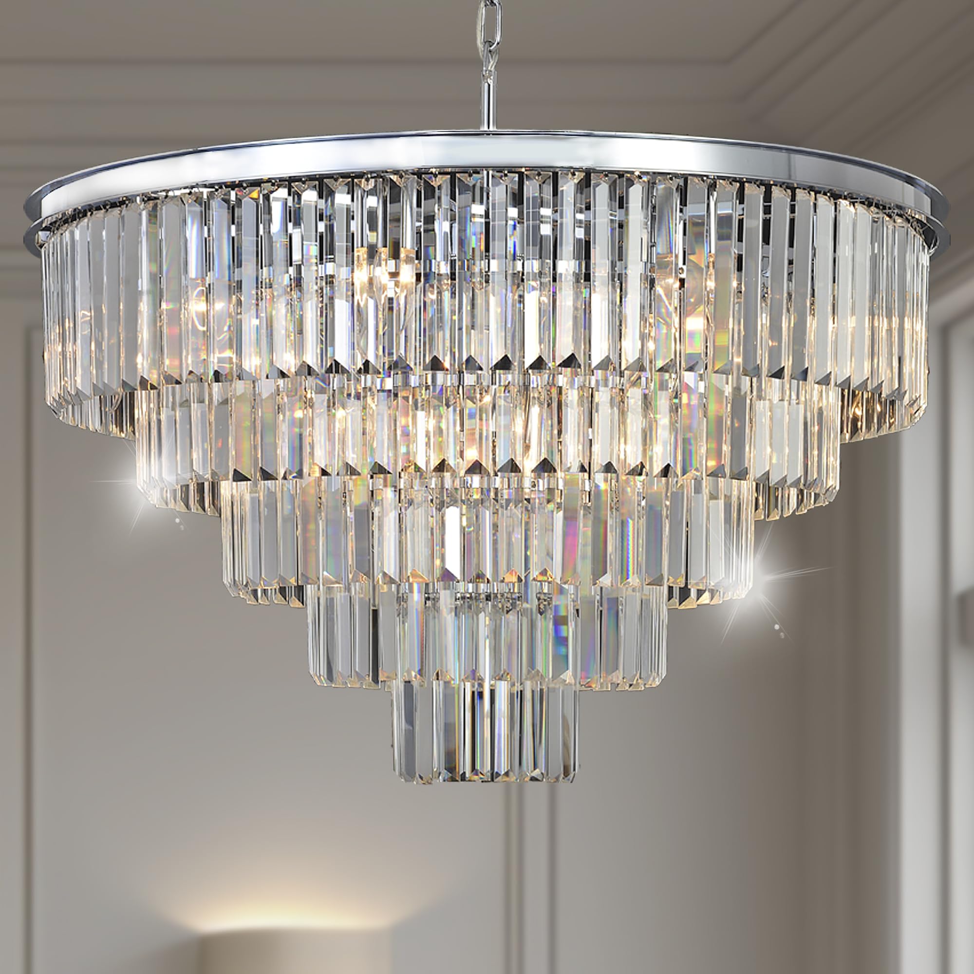 Meelighting 16 Lights Crystal Chandelier Modern Chandeliers Lighting Pendant Ceiling Light Fixture 5-Tier For Dining Room Living Room Bedroom W31.5'' Chrome Finished