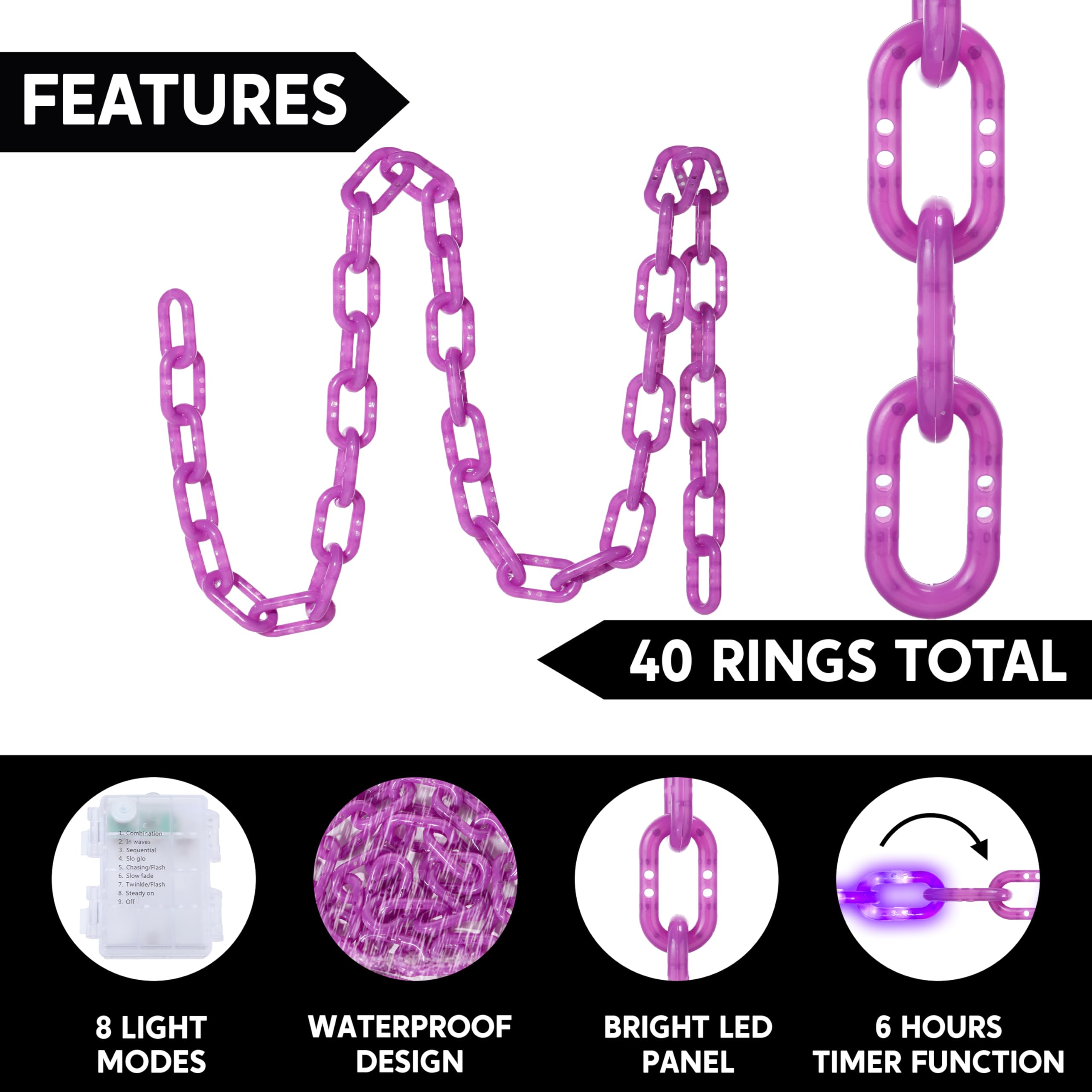 Joyin 8Ft Halloween String Lights Battery Powered Led Plastic Chain String Lights Waterproof  8 Lighting Modes  Timer Function  Led Light For Halloween Party Yard Pathway Indoor Outdoor Decor(Purple)